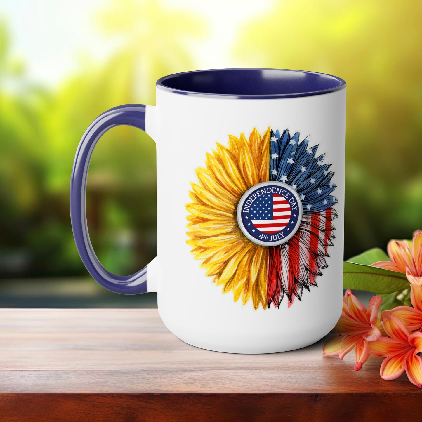 Happy 4th Of July Two -Tone Coffee Mug.15oz. Independence Day Sunflower Coffee Mug.