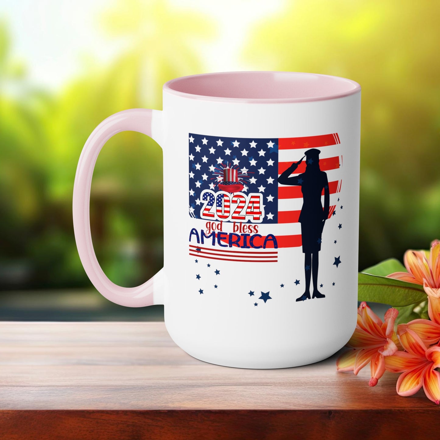 Happy 4th Of July Two -Tone Coffee Mug.15oz. God Bless America Coffee Mug.Flag, Red White Blue, gift, America.