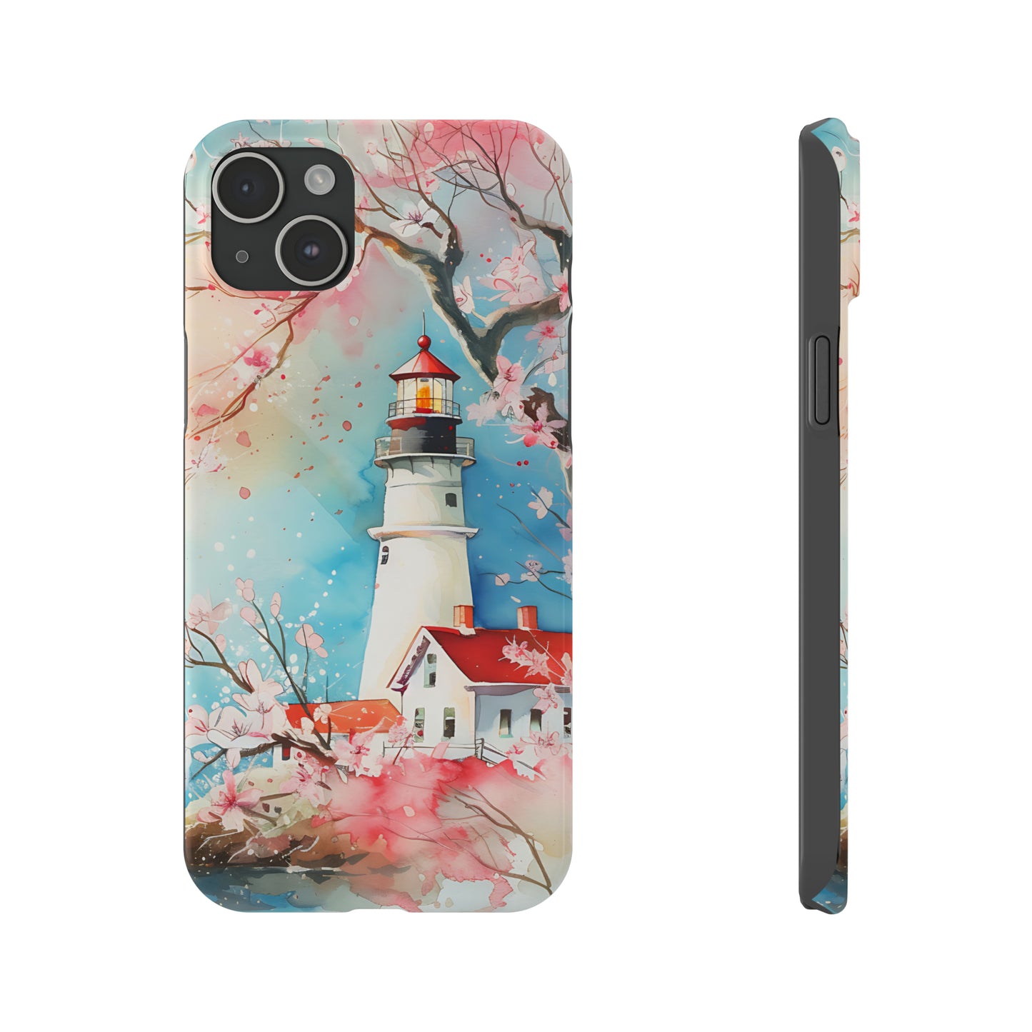 Watercolor Spring Lighthouse iPhone 15 Phone Cases