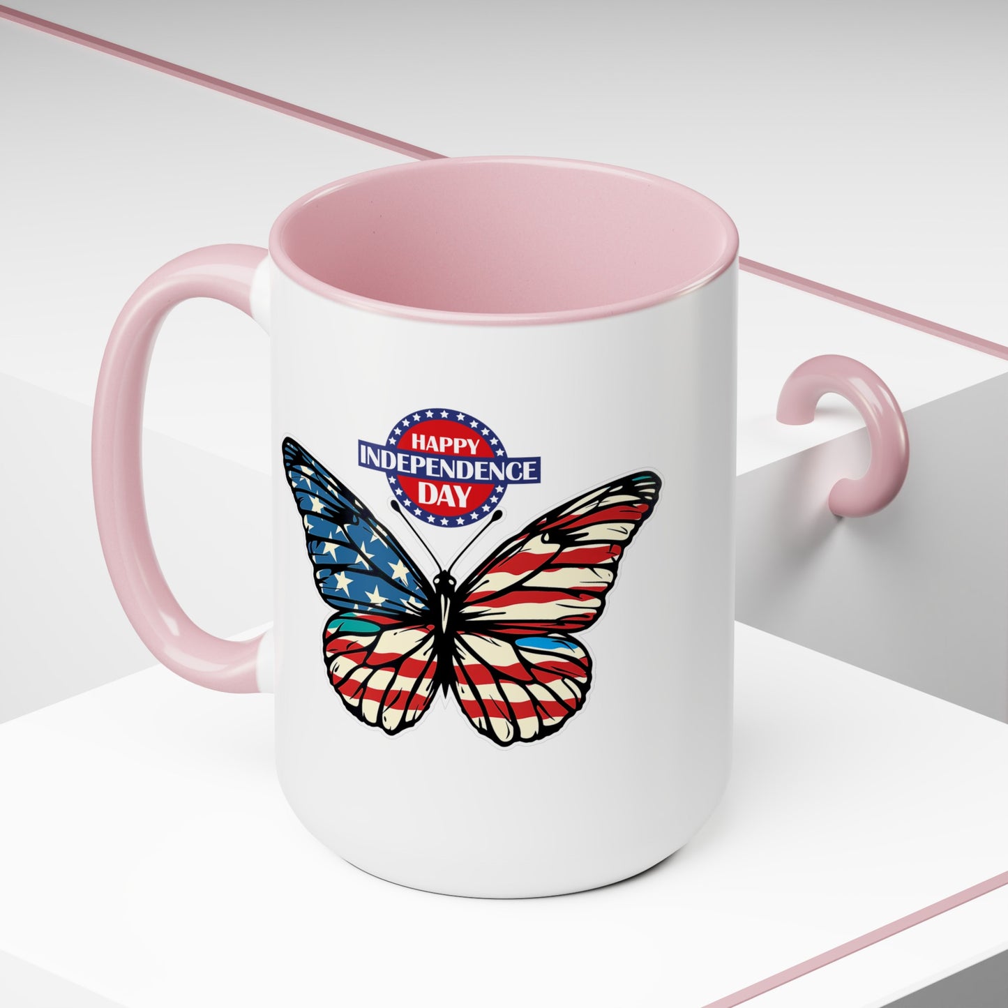 Happy 4th Of July Two -Tone Coffee Mug.15oz. Happy Independence Day Coffee Mug. Butterfly Coffee Mug, America, Red White Blue, Flag.