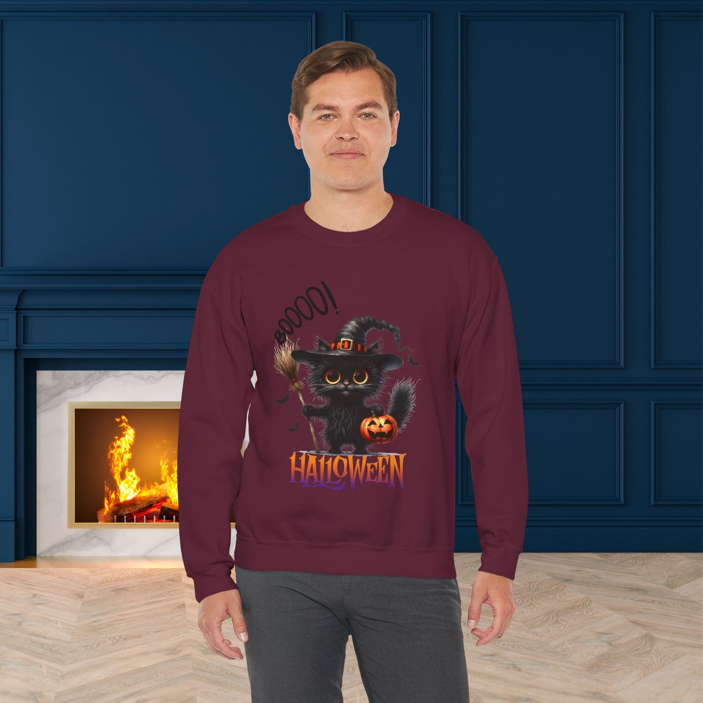 Spooky Cat Halloween Sweatshirt - Unisex Heavy Blend Crewneck, halloween sweatshirt, cute spooky cat sweatshirt.