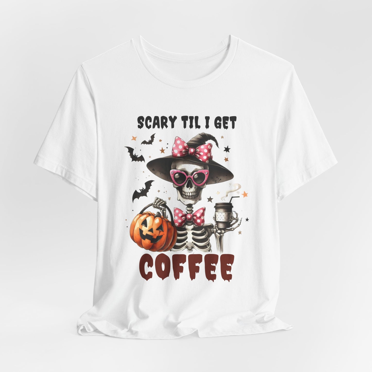 Scary Til I Get Coffee Halloween T-shirt, Happy Halloween T-shirt, Trick Or Treat T-shirt, Halloween T-shirt, Cool Halloween T-shirt, Spooky T-shirt,