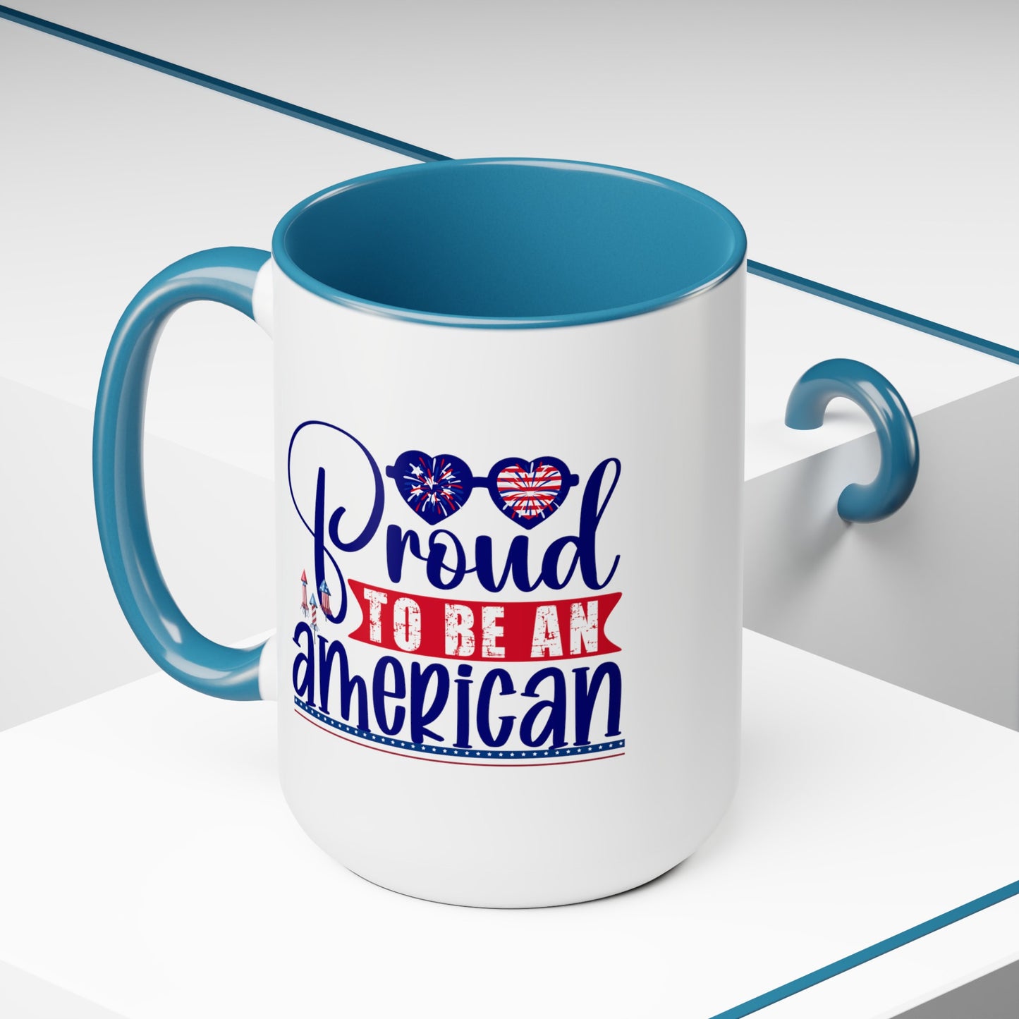 Happy 4th Of July Two -Tone Coffee Mug.15oz. Happy Independence Day Coffee Mug. America, Red White Blue, Flag,Peace Love America. Proud To Be An American