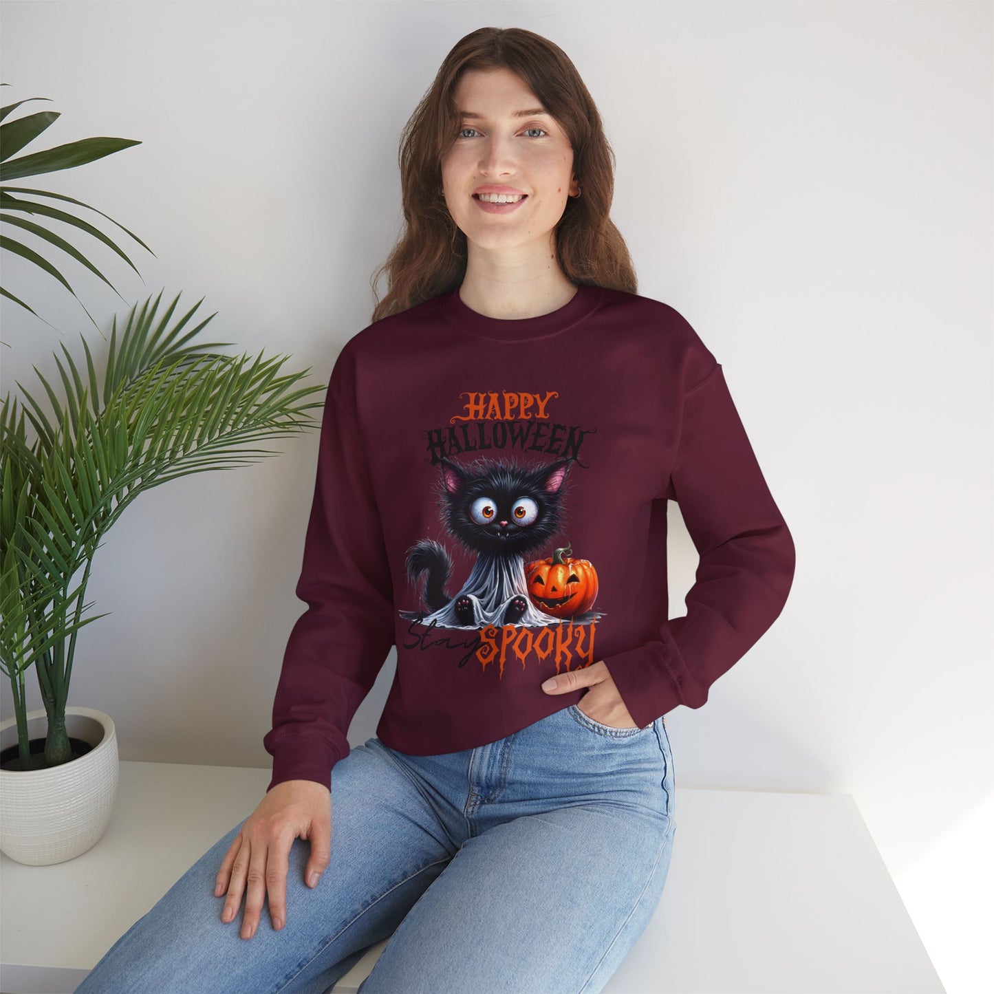 Stay spooky Halloween Sweatshirt - Unisex Heavy Blend Crewneck, halloween sweatshirt, cute spooky cat sweatshirt.