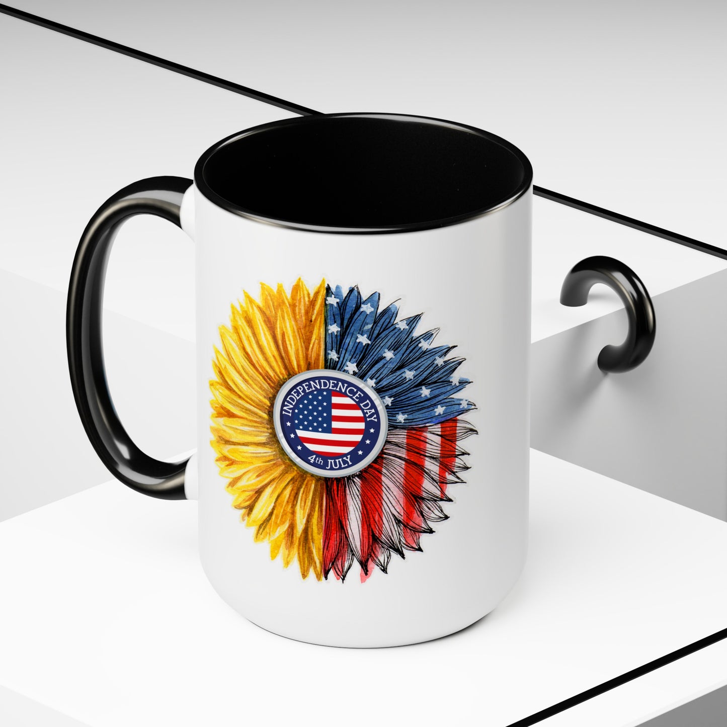 Happy 4th Of July Two -Tone Coffee Mug.15oz. Independence Day Sunflower Coffee Mug.