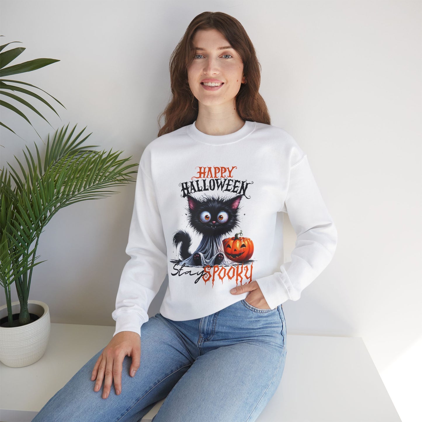 Stay spooky Halloween Sweatshirt - Unisex Heavy Blend Crewneck, halloween sweatshirt, cute spooky cat sweatshirt.