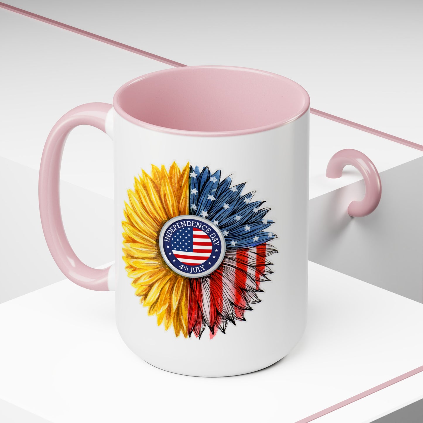 Happy 4th Of July Two -Tone Coffee Mug.15oz. Independence Day Sunflower Coffee Mug.