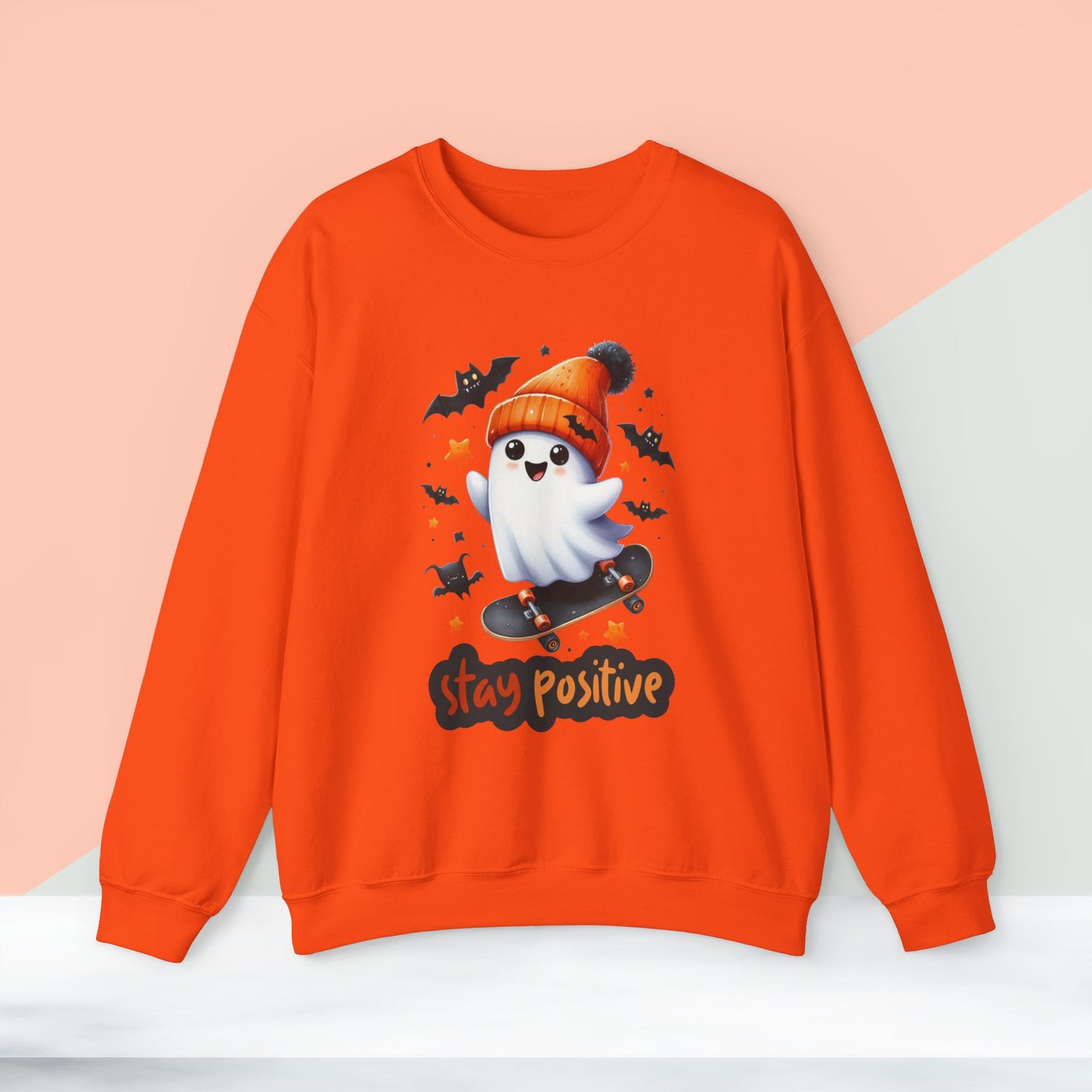 Stay Positive Cute Ghost Sweatshirt, Happy Halloween Sweatshirt - Unisex Heavy Blend Crewneck, Halloween Sweatshirt, Cute Spooky Ghost sweatshirt.