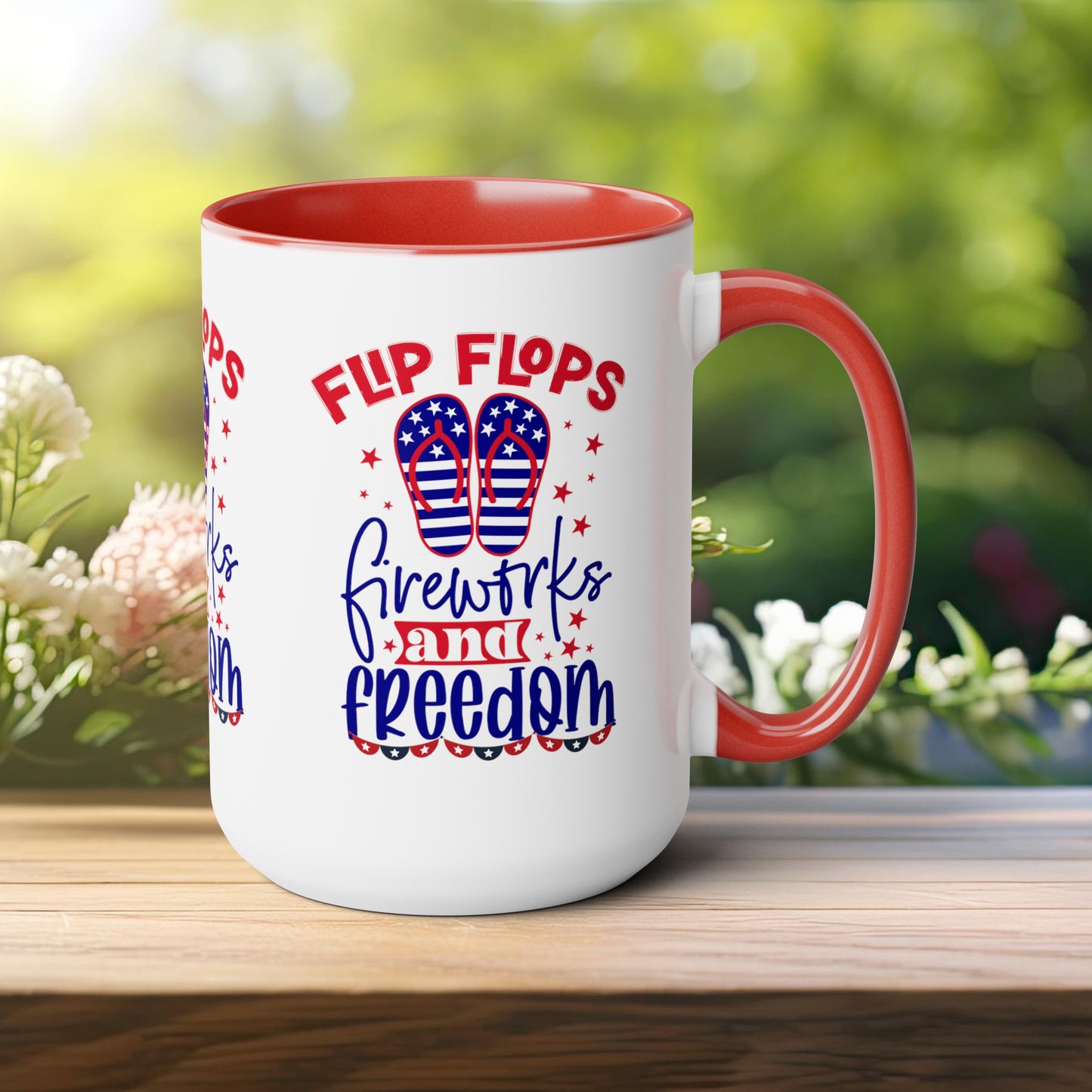 Happy 4th Of July Two -Tone Coffee Mug.15oz. Happy Independence Day Coffee Mug. America, Red White Blue, Flag,Peace Love America. Flipflop fireworks & Freedom.