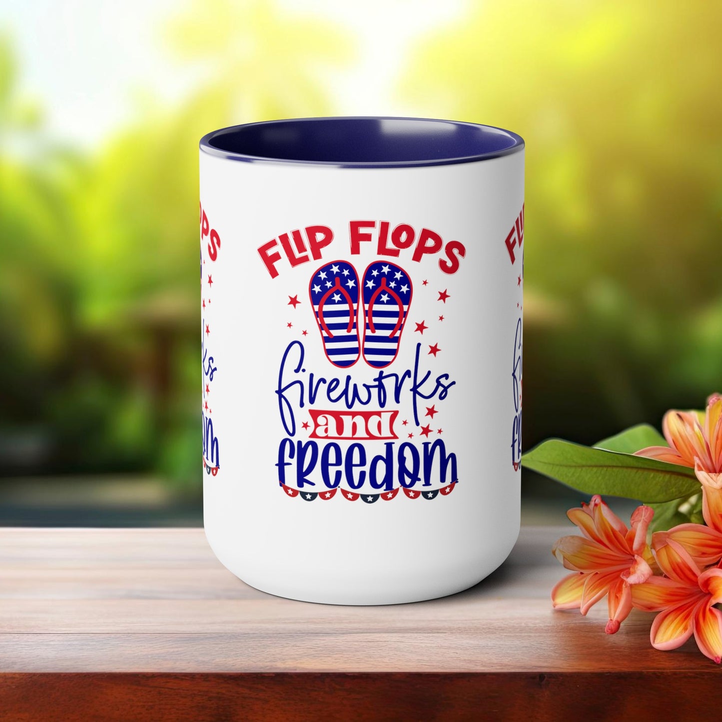 Happy 4th Of July Two -Tone Coffee Mug.15oz. Happy Independence Day Coffee Mug. America, Red White Blue, Flag,Peace Love America. Flipflop fireworks & Freedom.