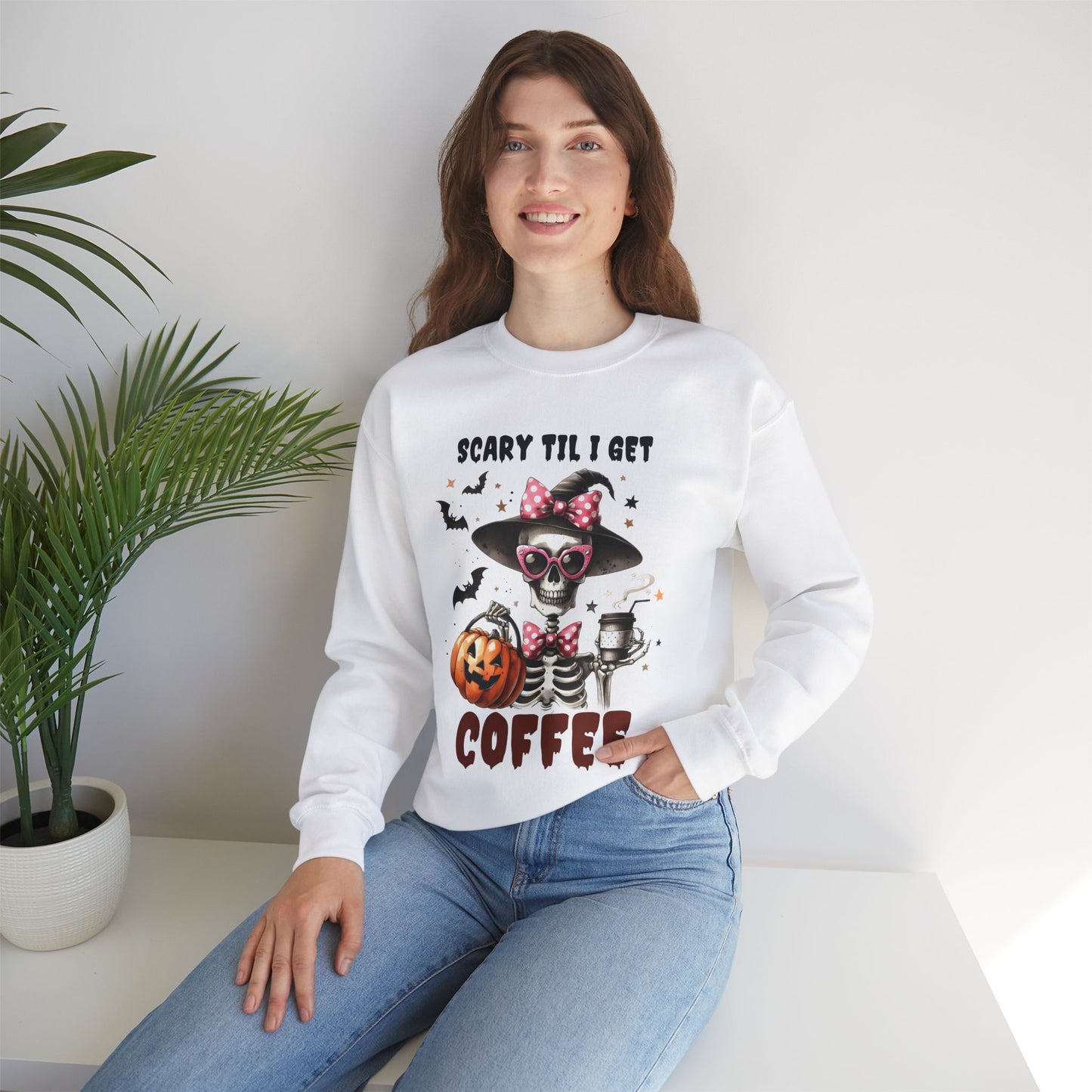 Scary Til I Get Coffee Halloween Sweatshirt, Happy Halloween Sweatshirt - Unisex Heavy Blend Crewneck, Halloween Sweatshirt, Cute Spooky Ghost sweatshirt.