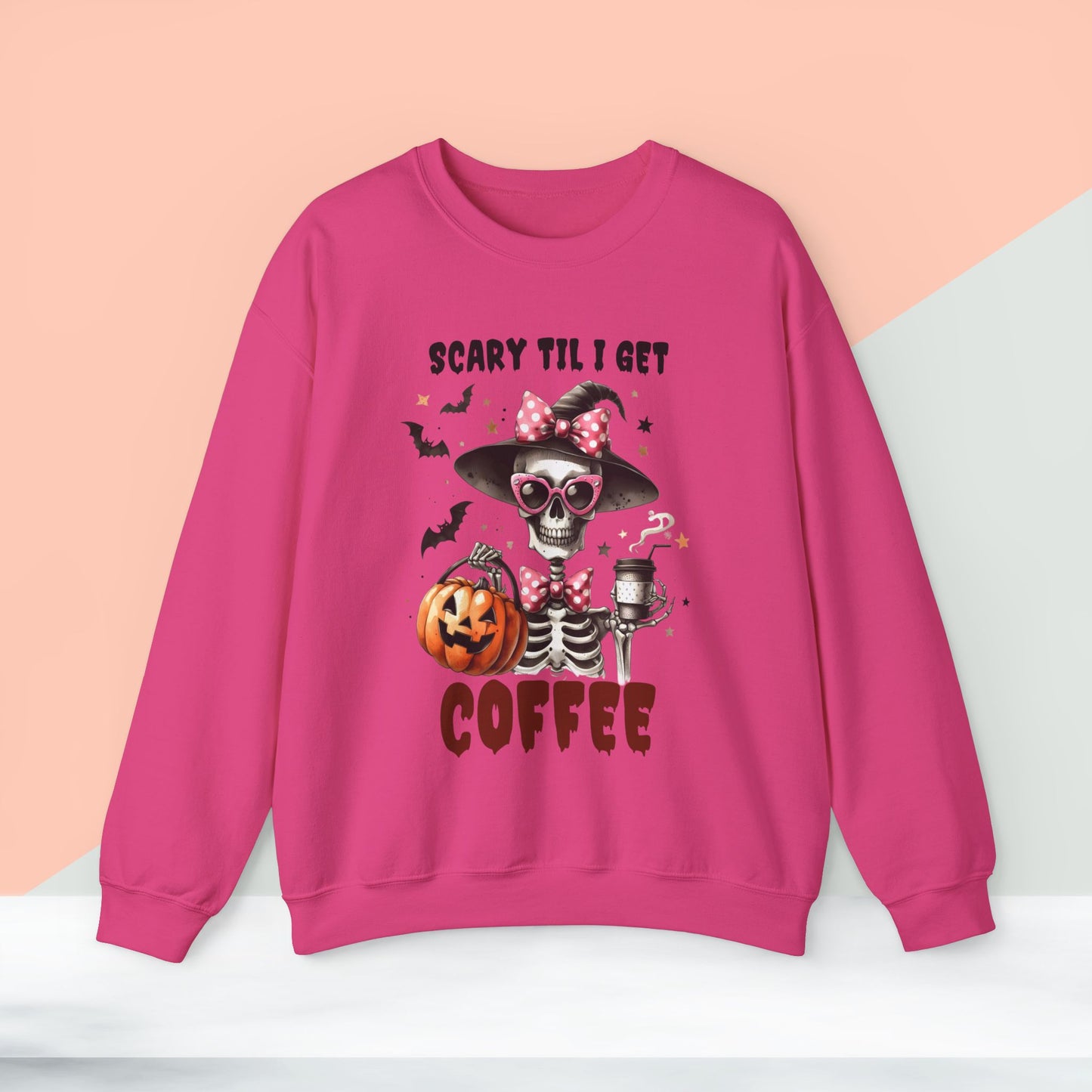 Scary Til I Get Coffee Halloween Sweatshirt, Happy Halloween Sweatshirt - Unisex Heavy Blend Crewneck, Halloween Sweatshirt, Cute Spooky Ghost sweatshirt.