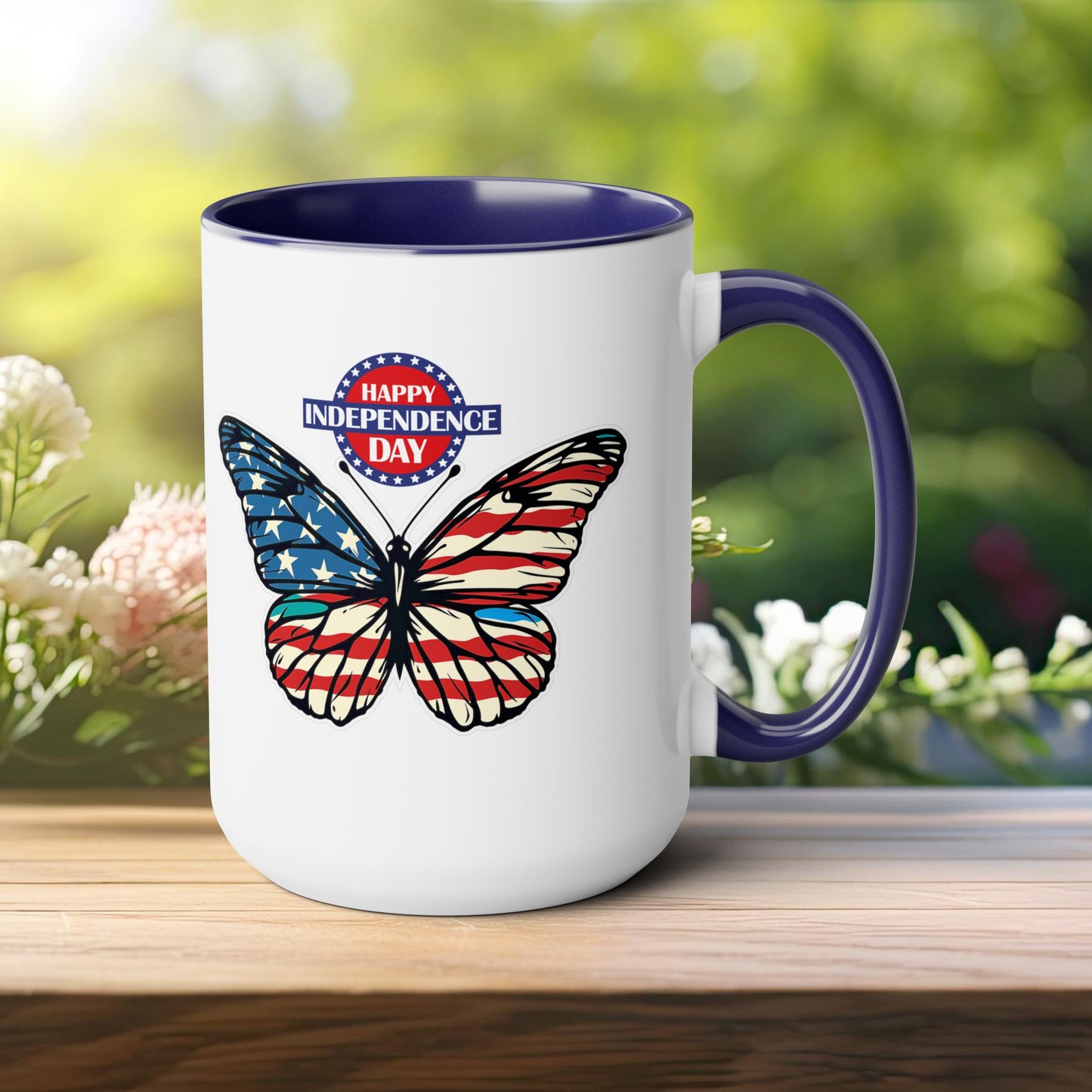 Happy 4th Of July Two -Tone Coffee Mug.15oz. Happy Independence Day Coffee Mug. Butterfly Coffee Mug, America, Red White Blue, Flag.