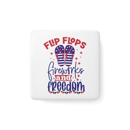 Happy 4th of July Porcelain Magnet, Square, America, Flag, Peace Love America. Proud To Be An American, Red White Blue Magnet, God Bless America Magnet.Flipflop fireworks & Freedom