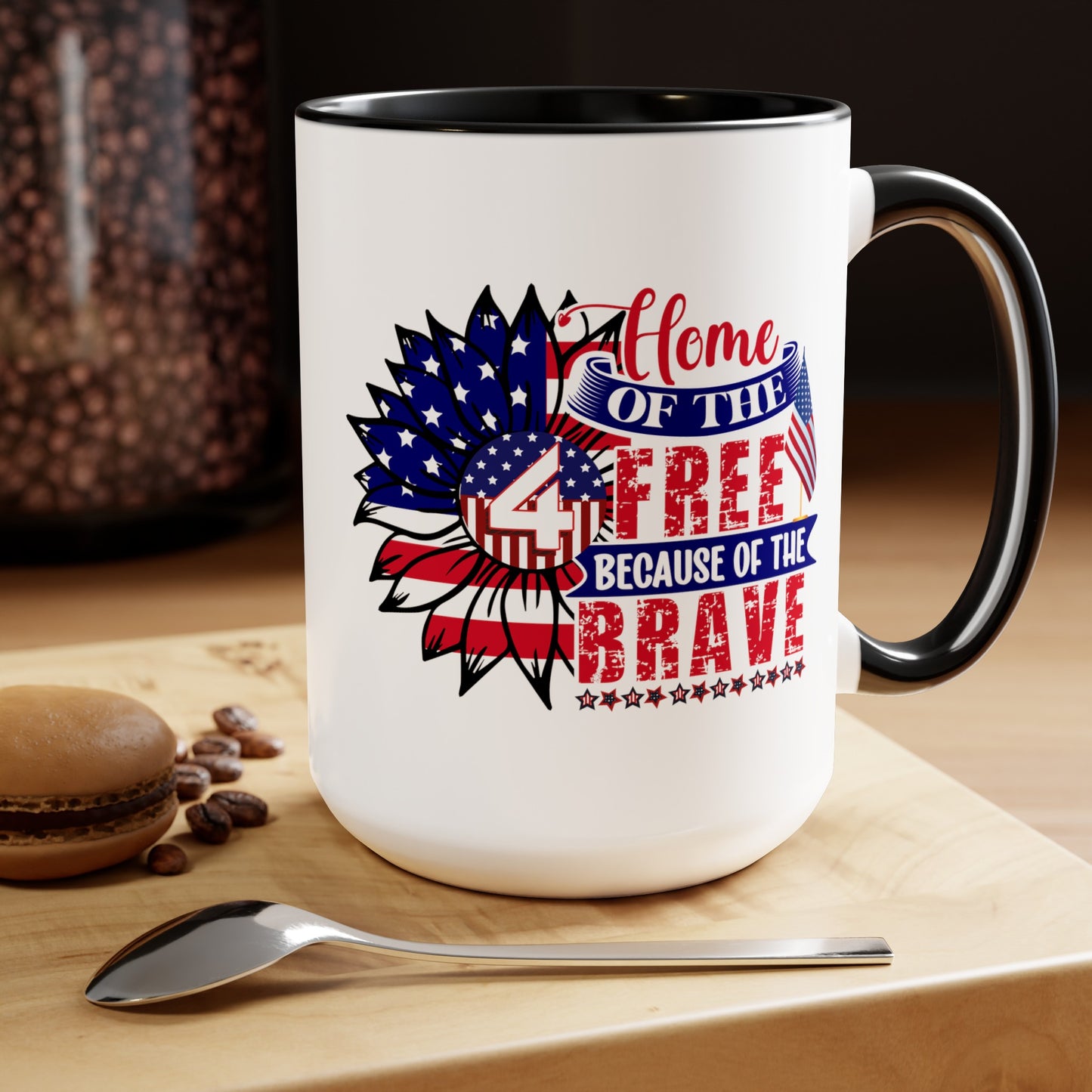 Happy 4th Of July Two -Tone Coffee Mug.15oz. God Bless America Coffee Mug.Flag, Red White Blue, Gift, America.Fourth Of July Sunflower Coffee Mug.