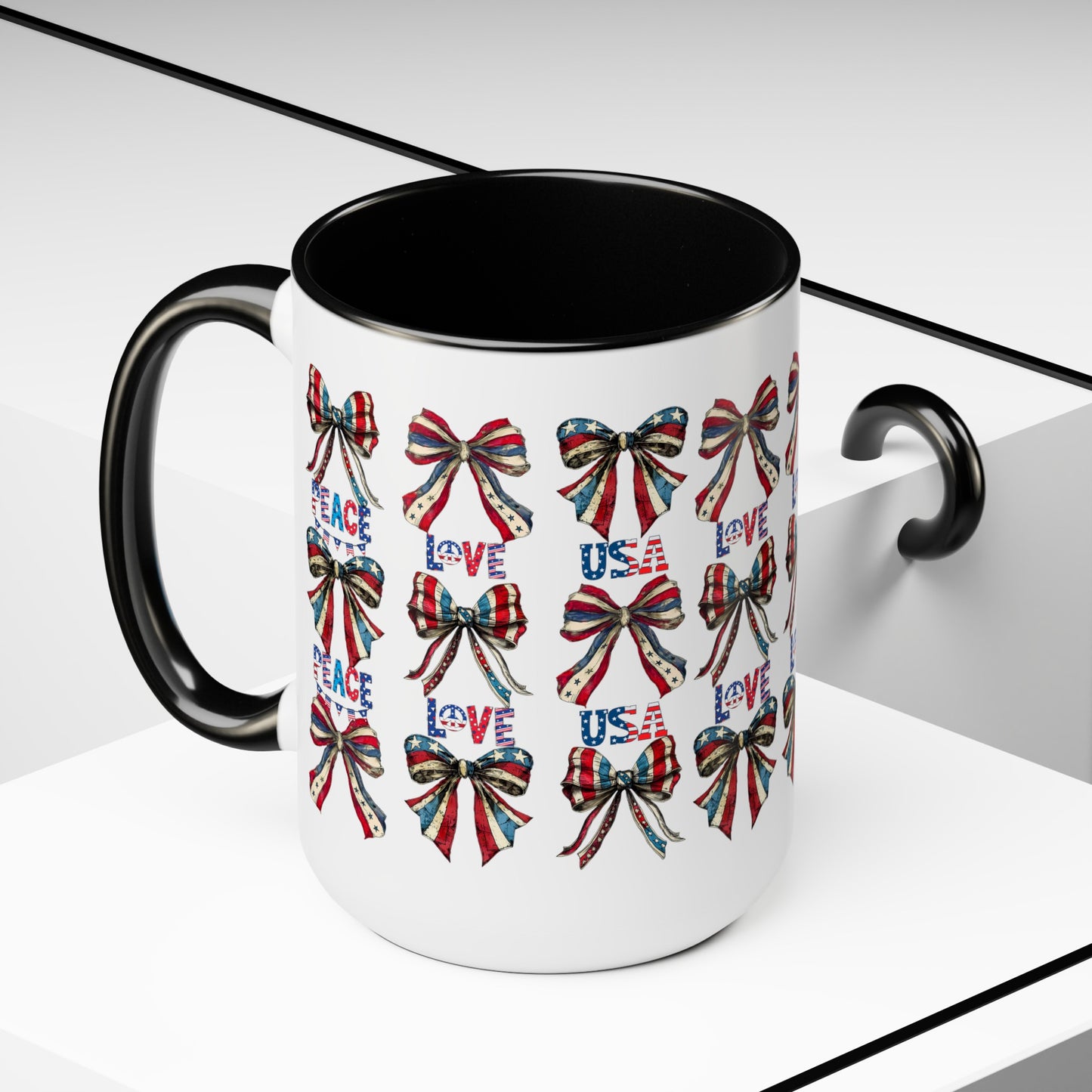 Happy 4th Of July Two -Tone Coffee Mug.15oz. Independence Day Coffee Mug. Love Peace USA.