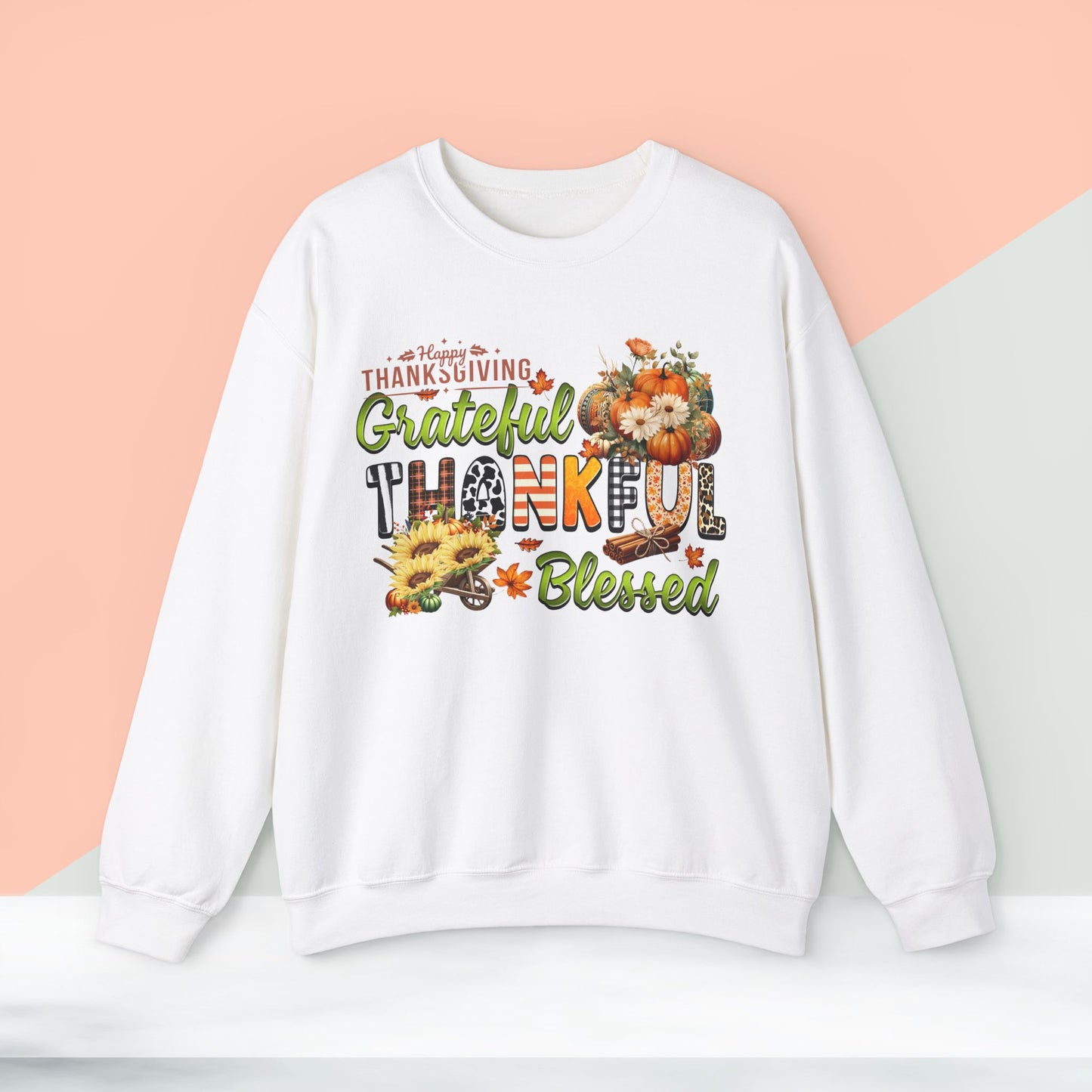 Thankful Grateful Blessed Sweatshirt,  HappyThanksgiving Sweatshirt - Unisex Heavy Blend, Happy Thanksgiving2024 Sweatshirt, Thanksgiving Gift, Festive Sweatshirt.