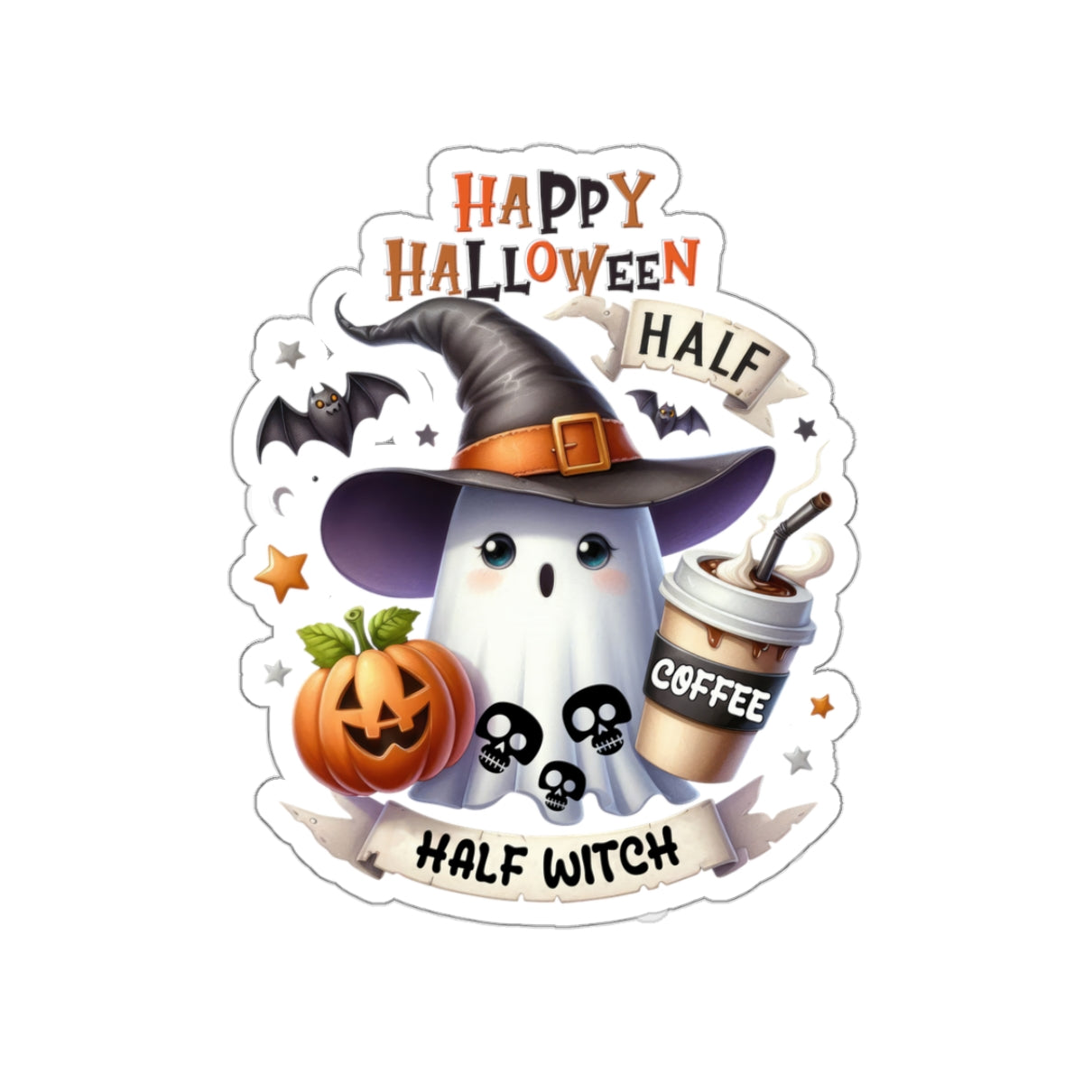 Half Coffee Half Witch Kiss-Cut Stickers, Happy Halloween Kiss-Cut Stickers, Spooky Season Kiss-Cut Stickers, Cute Cat Halloween Kiss-Cut Stickers.