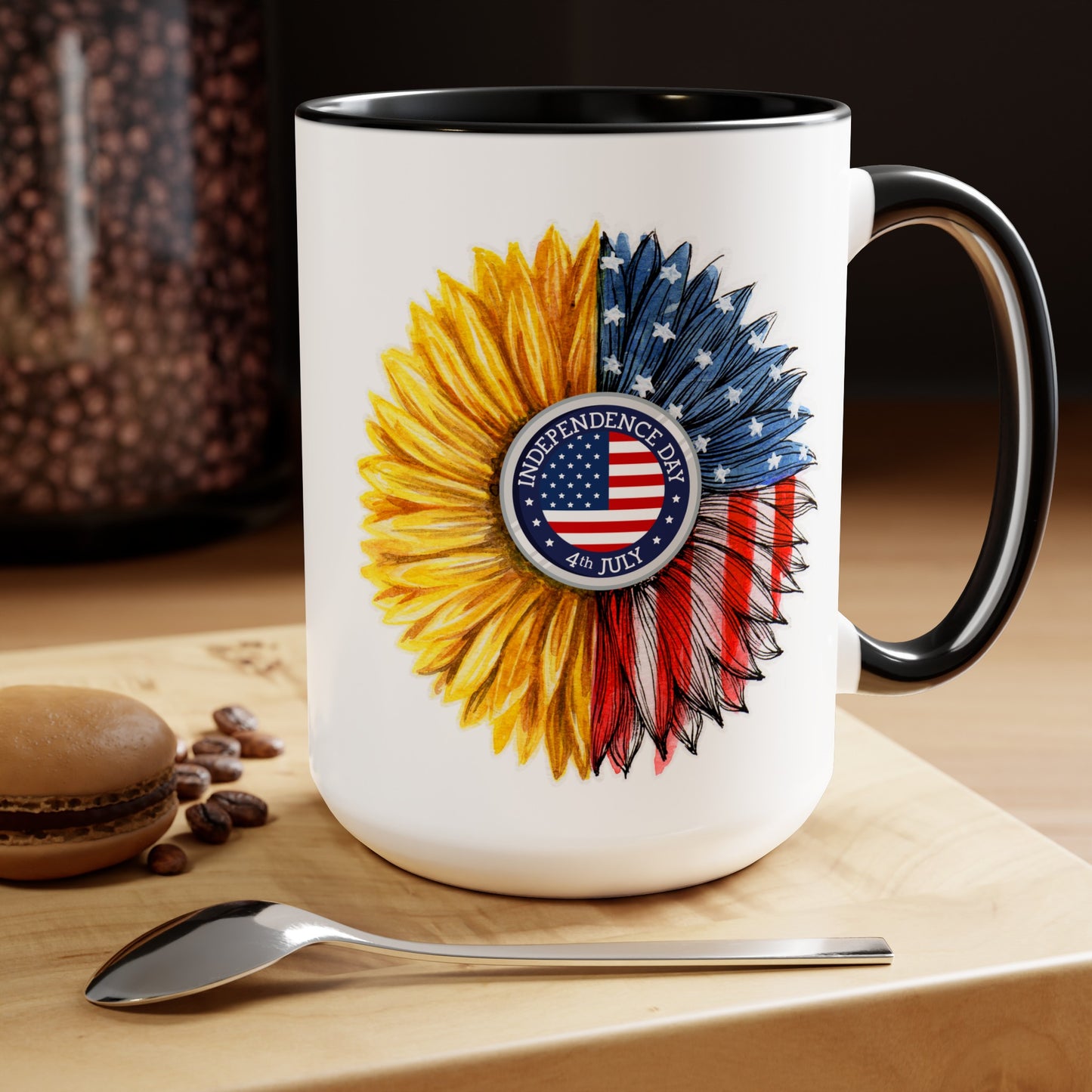 Happy 4th Of July Two -Tone Coffee Mug.15oz. Independence Day Sunflower Coffee Mug.