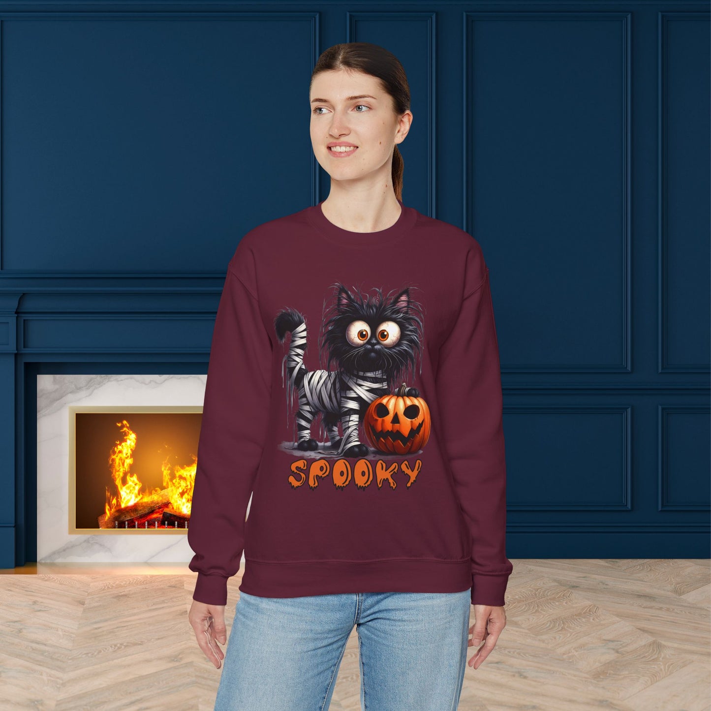 Spooky Cat Halloween Sweatshirt - Unisex Heavy Blend Crewneck, halloween sweatshirt, cute spooky cat sweatshirt.