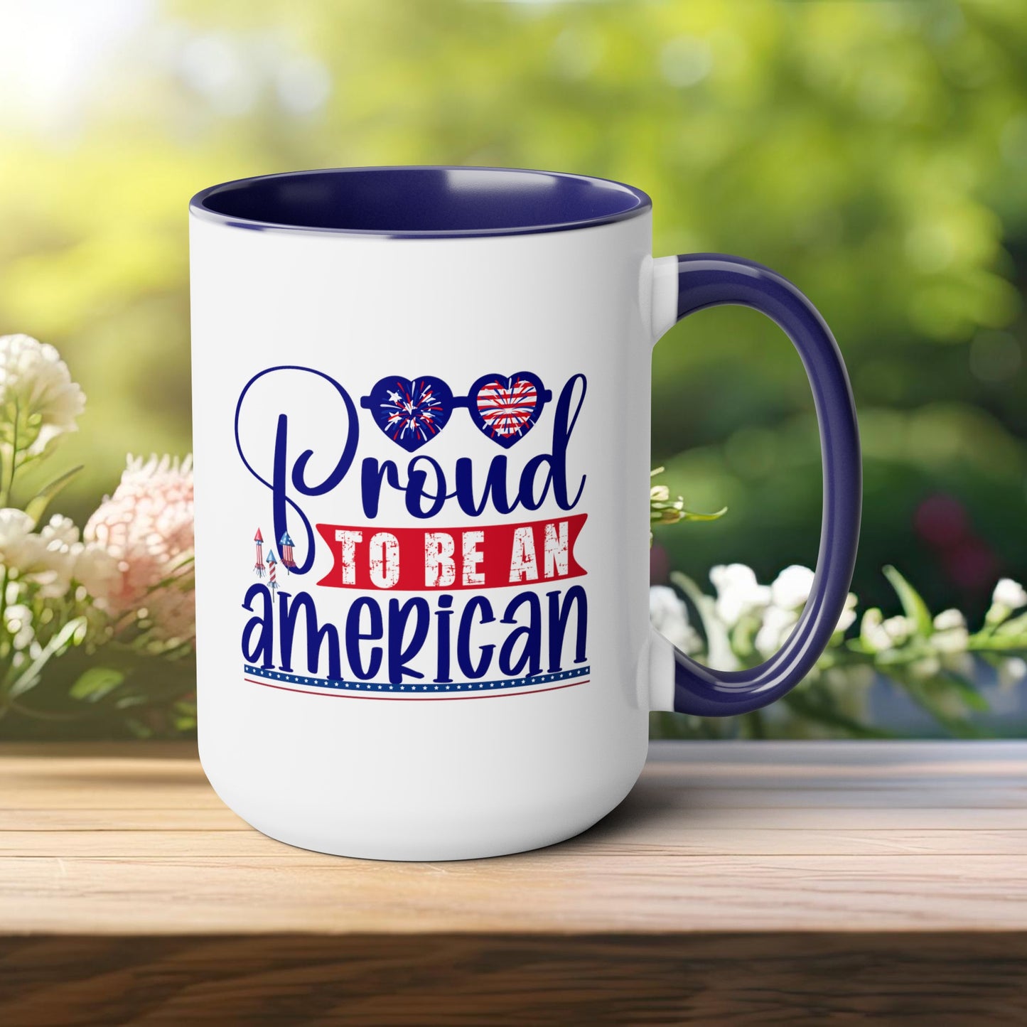 Happy 4th Of July Two -Tone Coffee Mug.15oz. Happy Independence Day Coffee Mug. America, Red White Blue, Flag,Peace Love America. Proud To Be An American