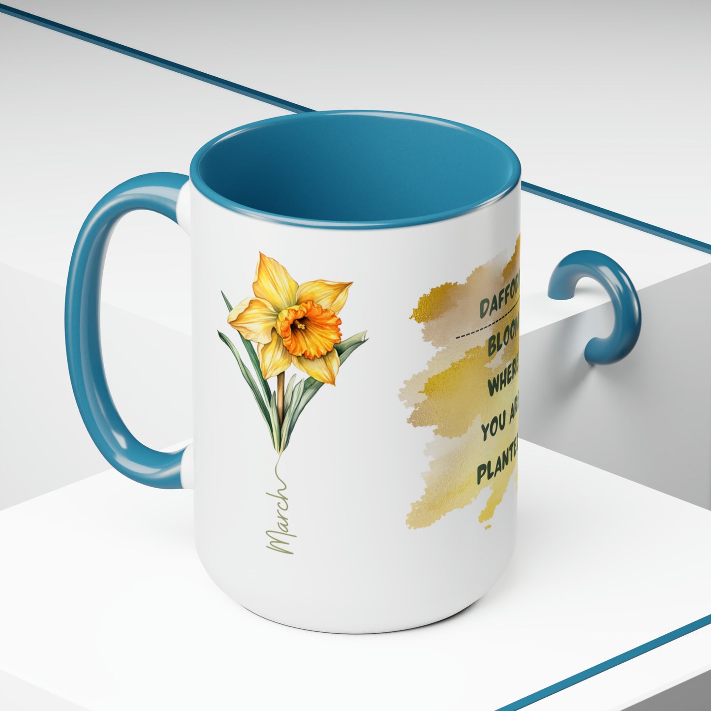 Birth Month Flower Two-Tone Coffee Mugs, 15oz, March Birth Month Flower mug.