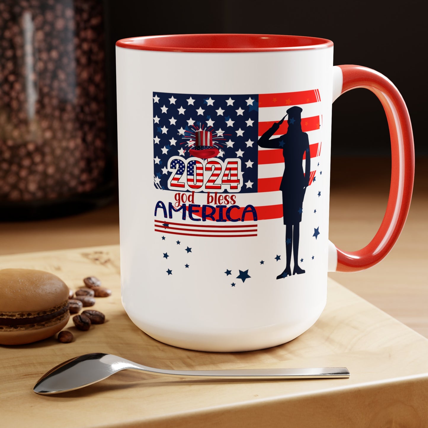 Happy 4th Of July Two -Tone Coffee Mug.15oz. God Bless America Coffee Mug.Flag, Red White Blue, gift, America.