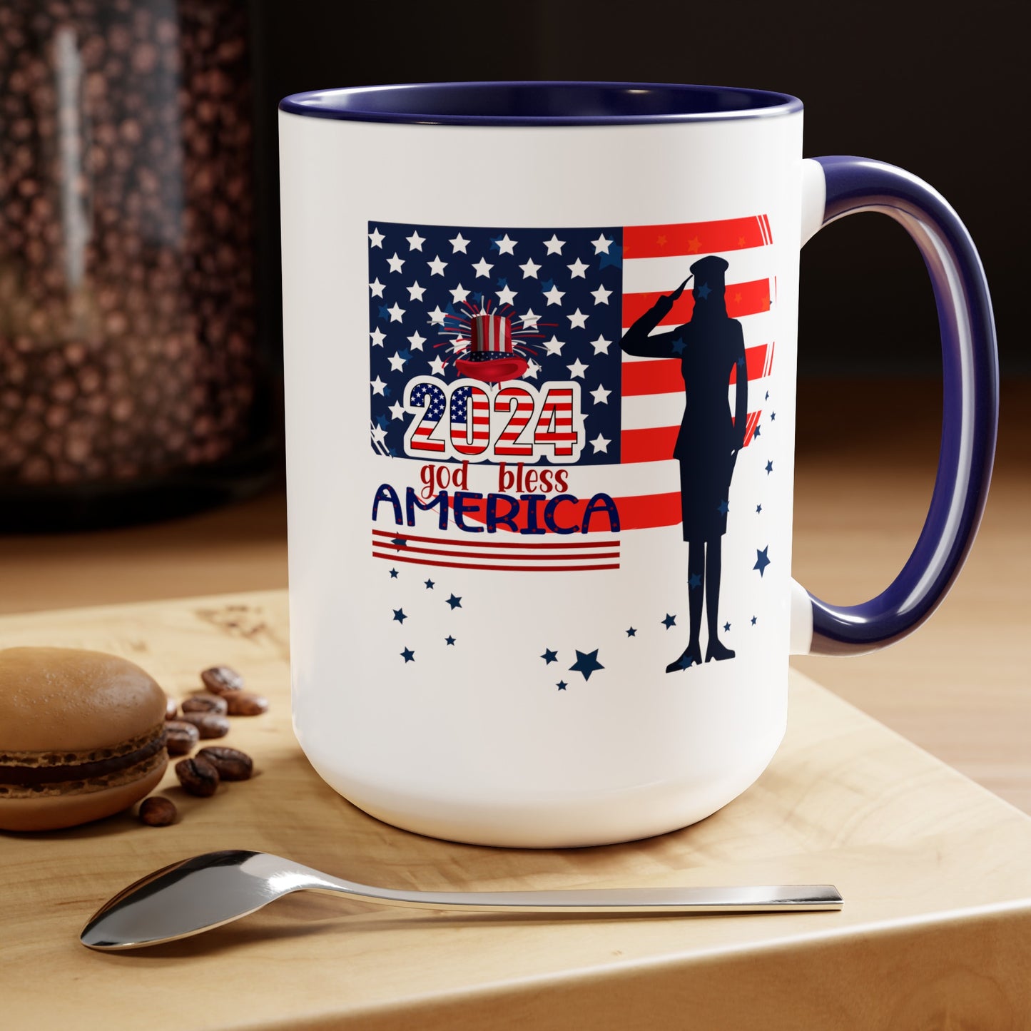 Happy 4th Of July Two -Tone Coffee Mug.15oz. God Bless America Coffee Mug.Flag, Red White Blue, gift, America.