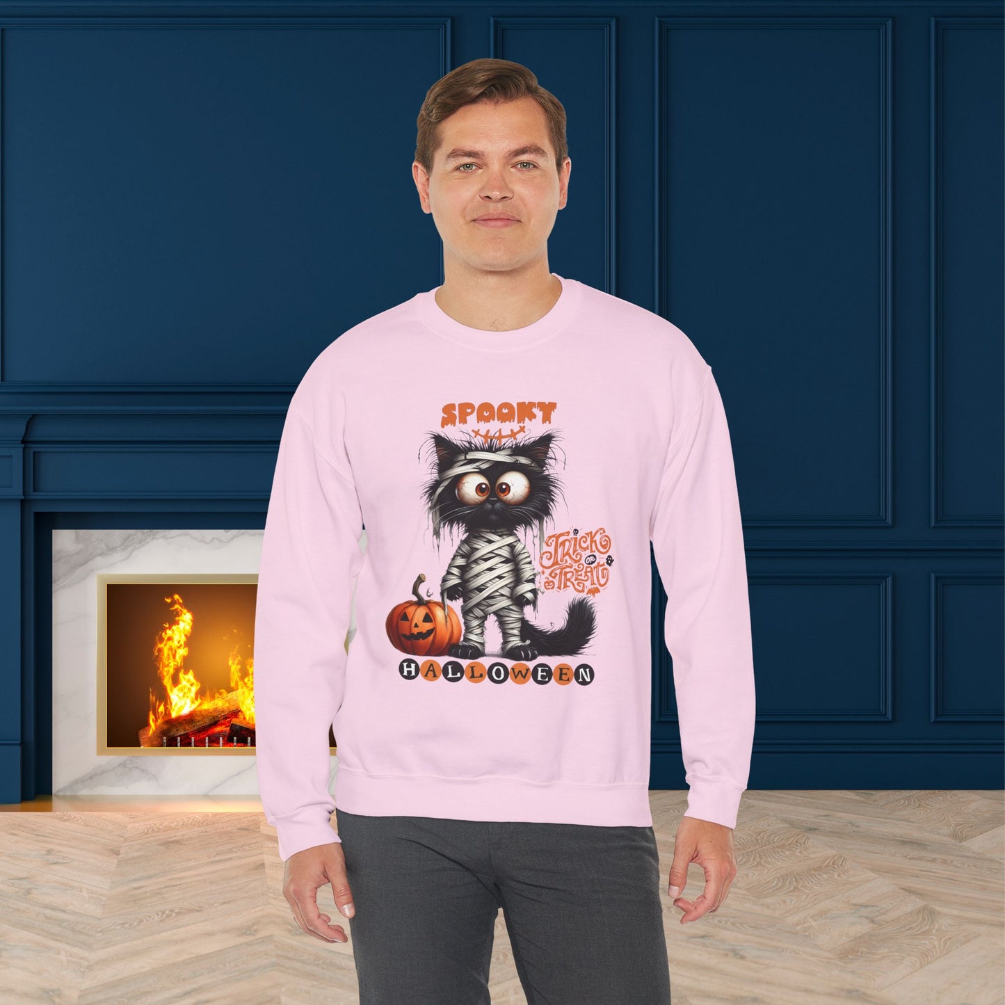 Spooky Halloween Cat Sweatshirt, Happy Halloween Sweatshirt - Unisex Heavy Blend Crewneck, Halloween Sweatshirt, Cute Spooky Ghost sweatshirt.