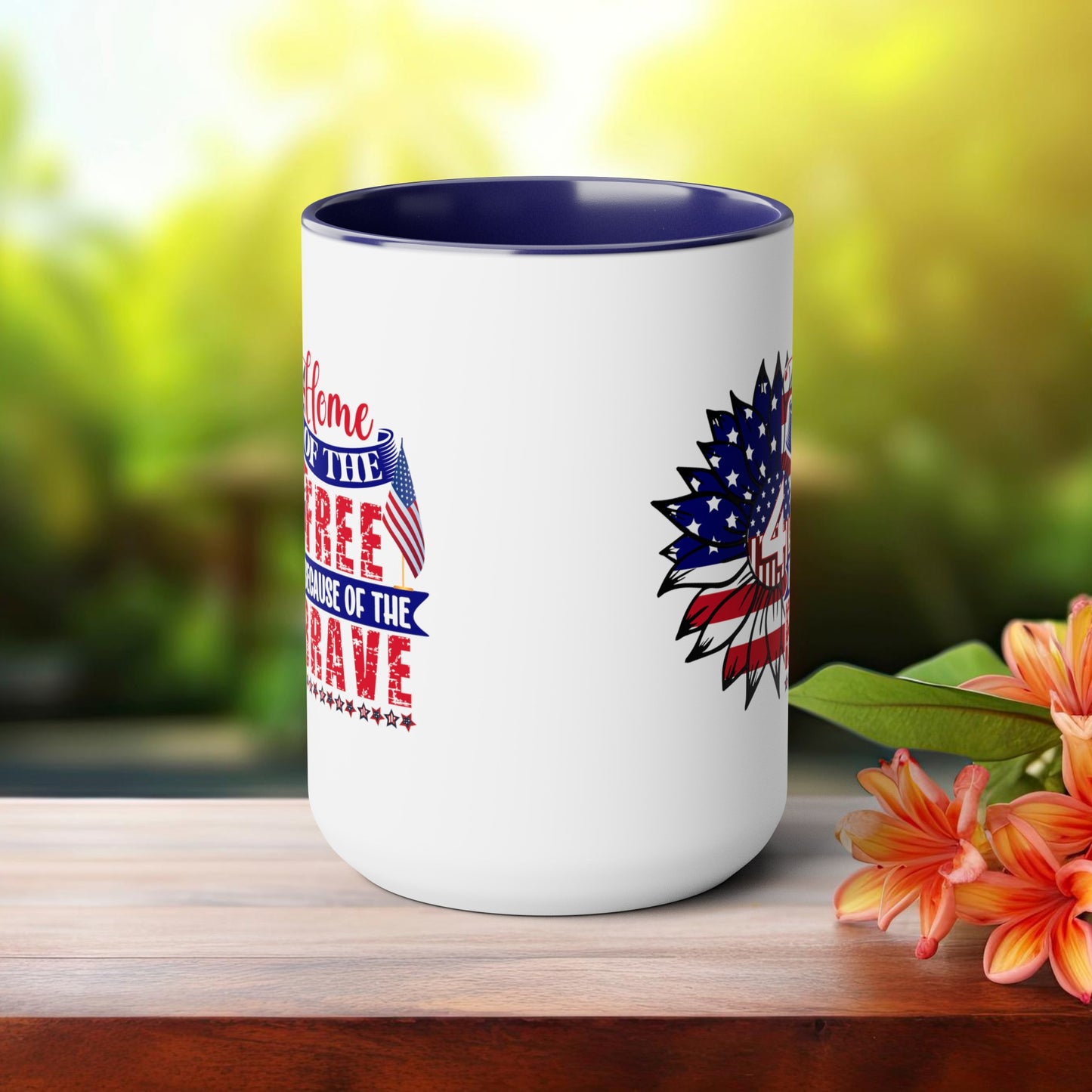 Happy 4th Of July Two -Tone Coffee Mug.15oz. God Bless America Coffee Mug.Flag, Red White Blue, Gift, America.Fourth Of July Sunflower Coffee Mug.