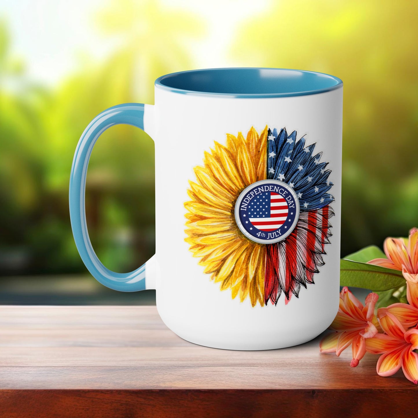 Happy 4th Of July Two -Tone Coffee Mug.15oz. Independence Day Sunflower Coffee Mug.