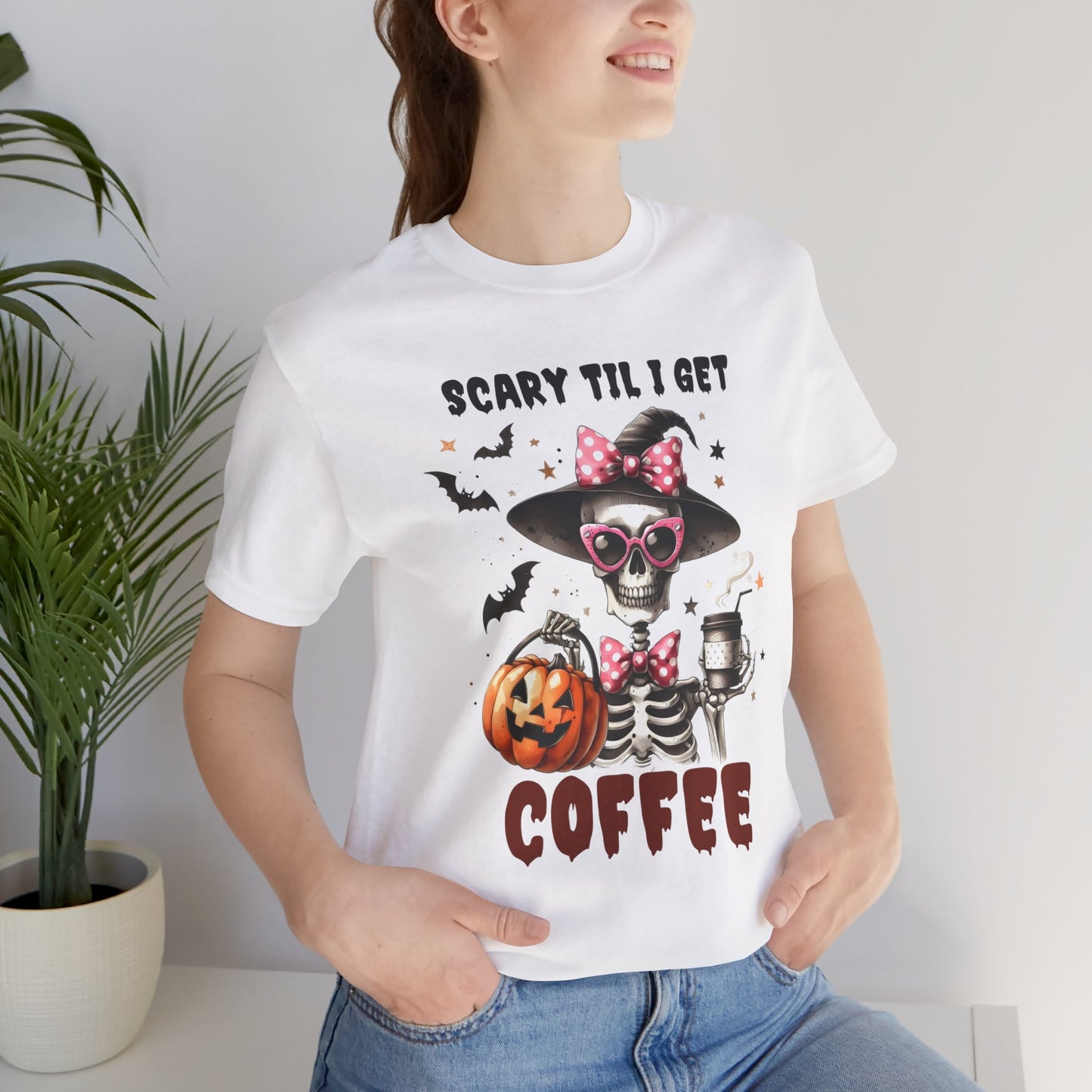 Scary Til I Get Coffee Halloween T-shirt, Happy Halloween T-shirt, Trick Or Treat T-shirt, Halloween T-shirt, Cool Halloween T-shirt, Spooky T-shirt,