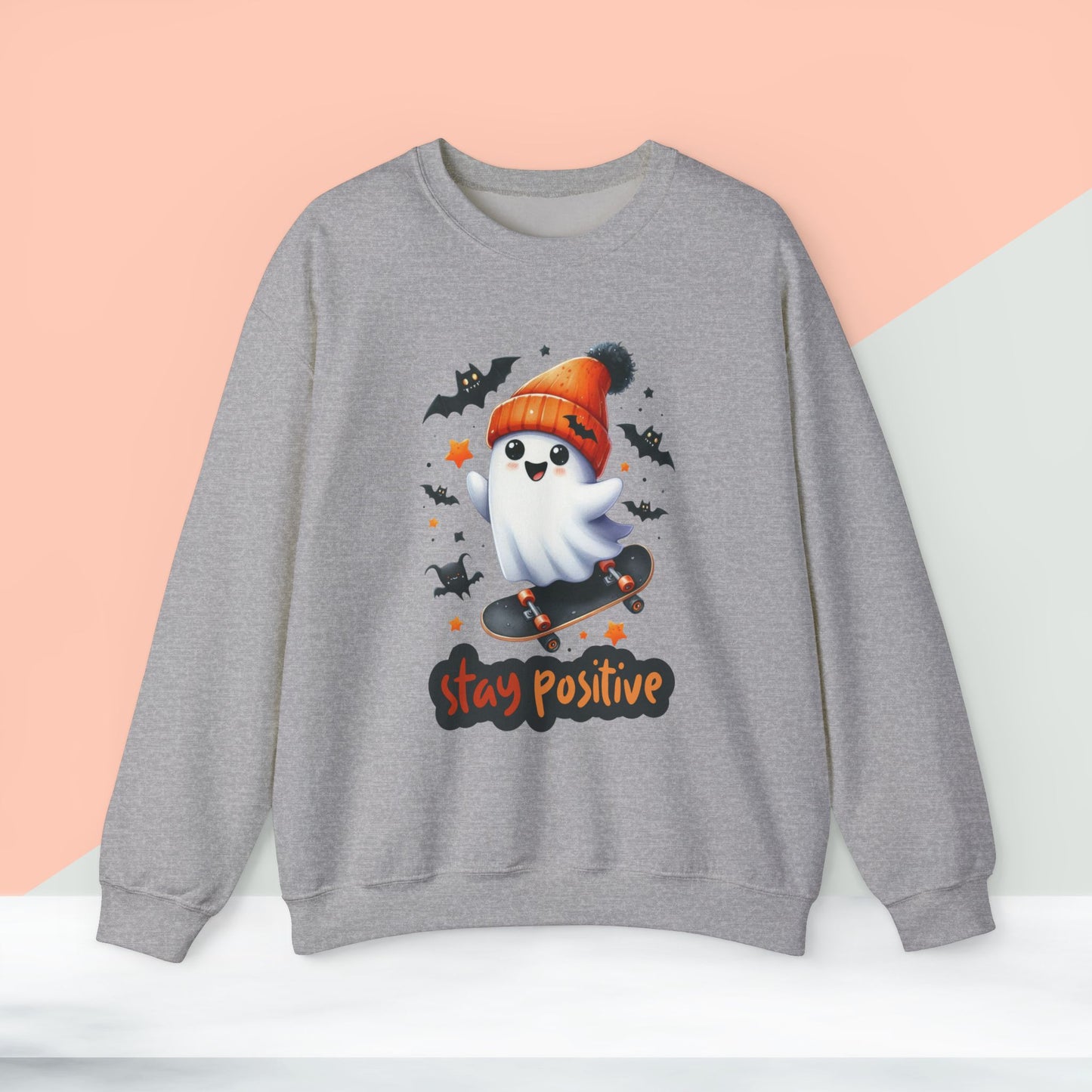 Stay Positive Cute Ghost Sweatshirt, Happy Halloween Sweatshirt - Unisex Heavy Blend Crewneck, Halloween Sweatshirt, Cute Spooky Ghost sweatshirt.