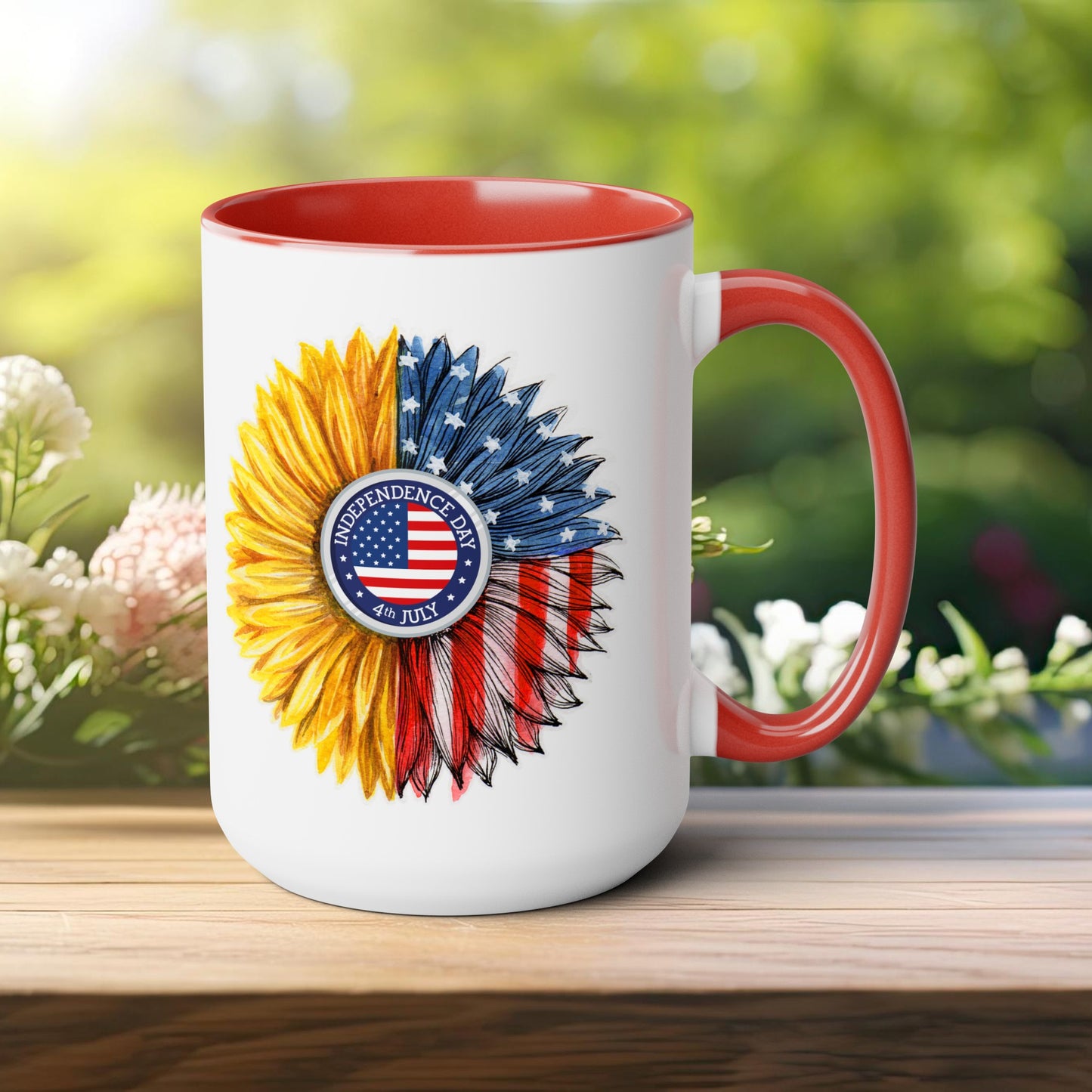 Happy 4th Of July Two -Tone Coffee Mug.15oz. Independence Day Sunflower Coffee Mug.