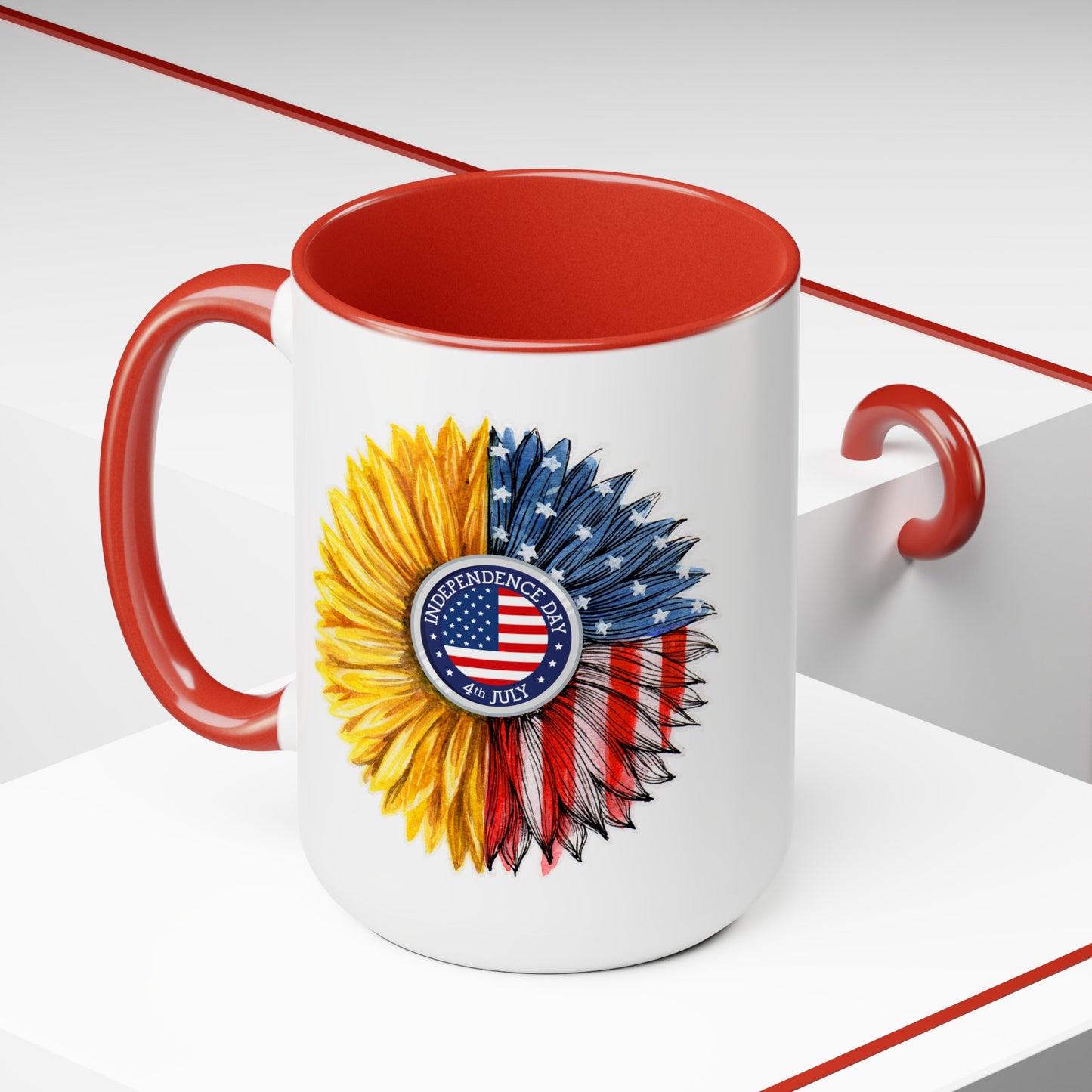 Happy 4th Of July Two -Tone Coffee Mug.15oz. Independence Day Sunflower Coffee Mug.