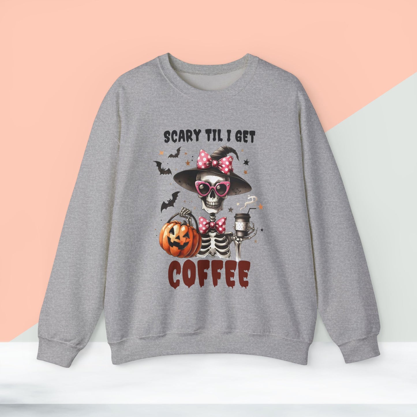 Scary Til I Get Coffee Halloween Sweatshirt, Happy Halloween Sweatshirt - Unisex Heavy Blend Crewneck, Halloween Sweatshirt, Cute Spooky Ghost sweatshirt.