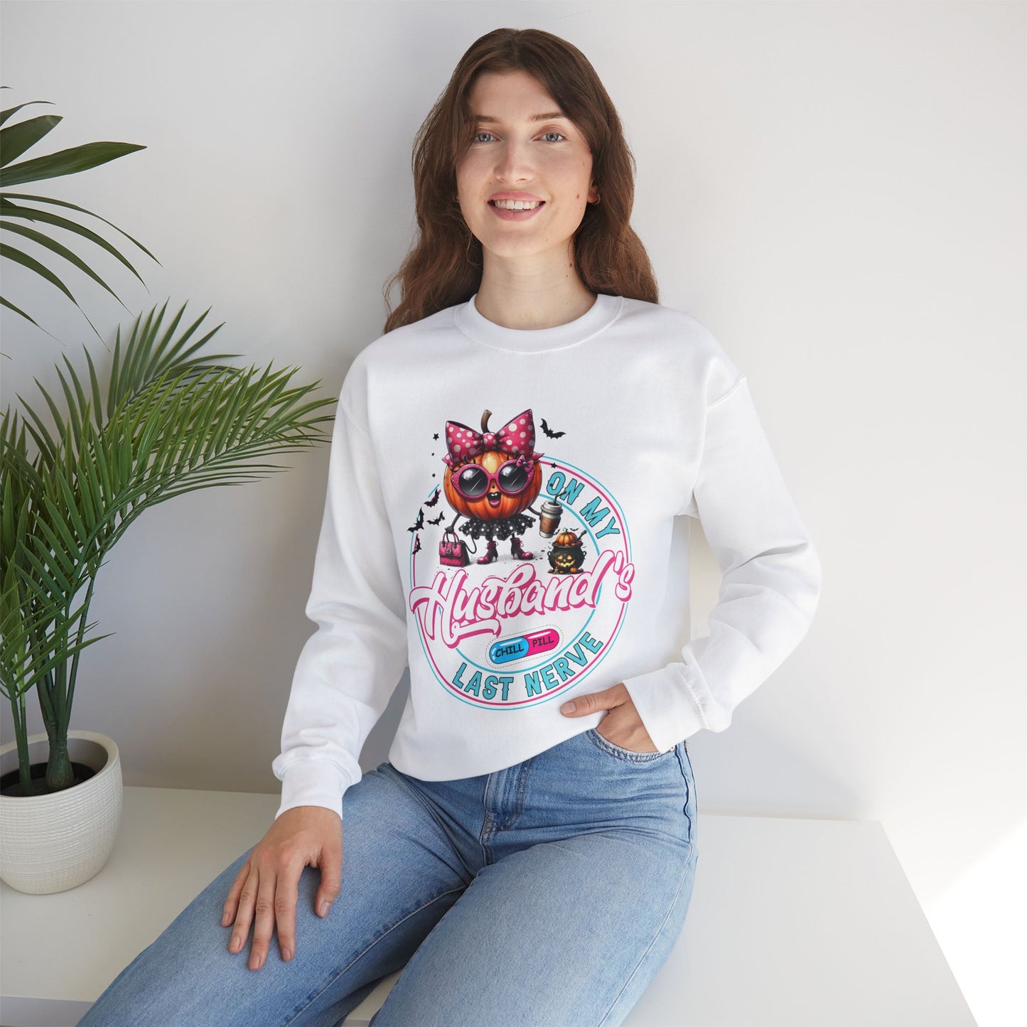 On My Husband's Last Nerve Halloween Sweatshirt, Happy Halloween Sweatshirt - Unisex Heavy Blend Crewneck, Halloween Sweatshirt, Cute Spooky Ghost sweatshirt.