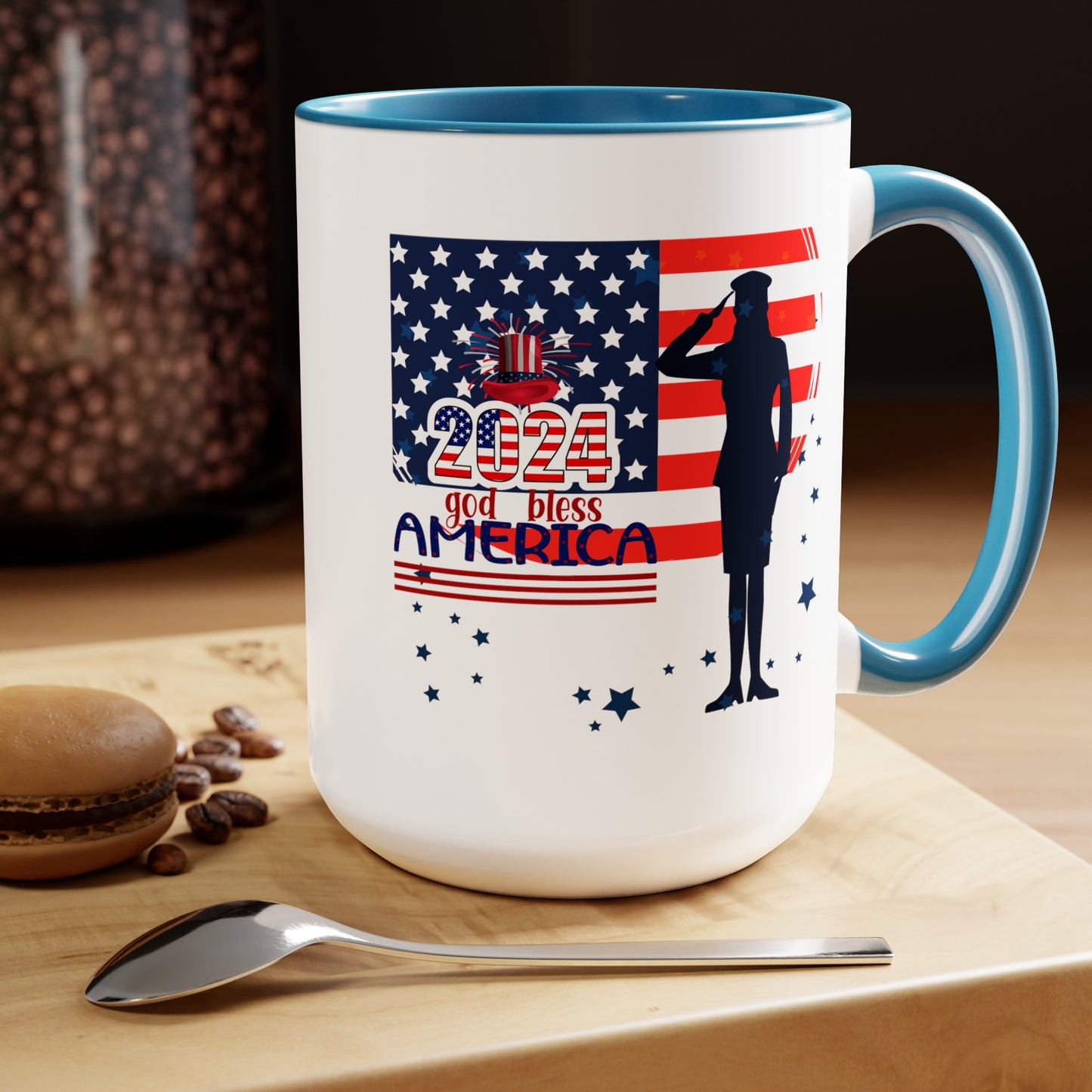 Happy 4th Of July Two -Tone Coffee Mug.15oz. God Bless America Coffee Mug.Flag, Red White Blue, gift, America.