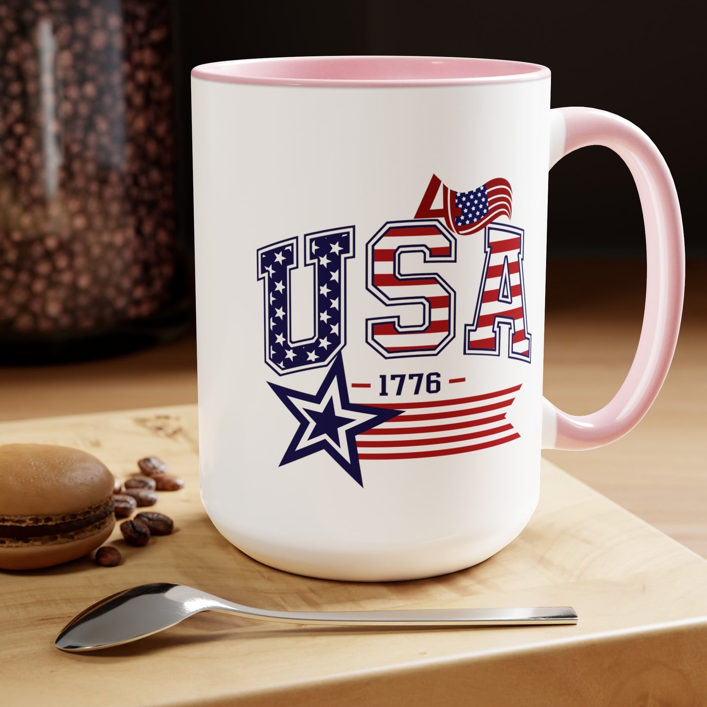 Happy 4th Of July Two -Tone Coffee Mug.15oz. Happy Independence Day Coffee Mug. America, Red White Blue, Flag,Peace Love America. Proud To Be An American