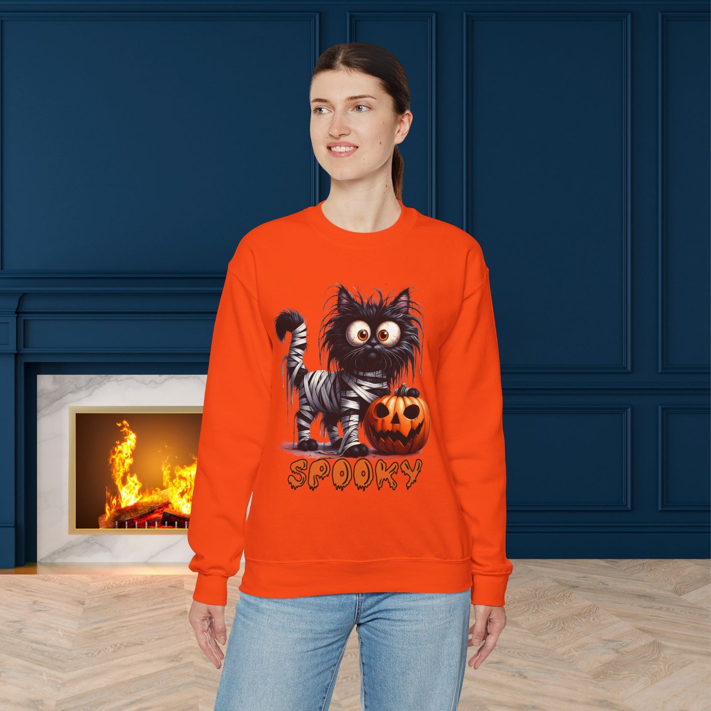 Spooky Cat Halloween Sweatshirt - Unisex Heavy Blend Crewneck, halloween sweatshirt, cute spooky cat sweatshirt.