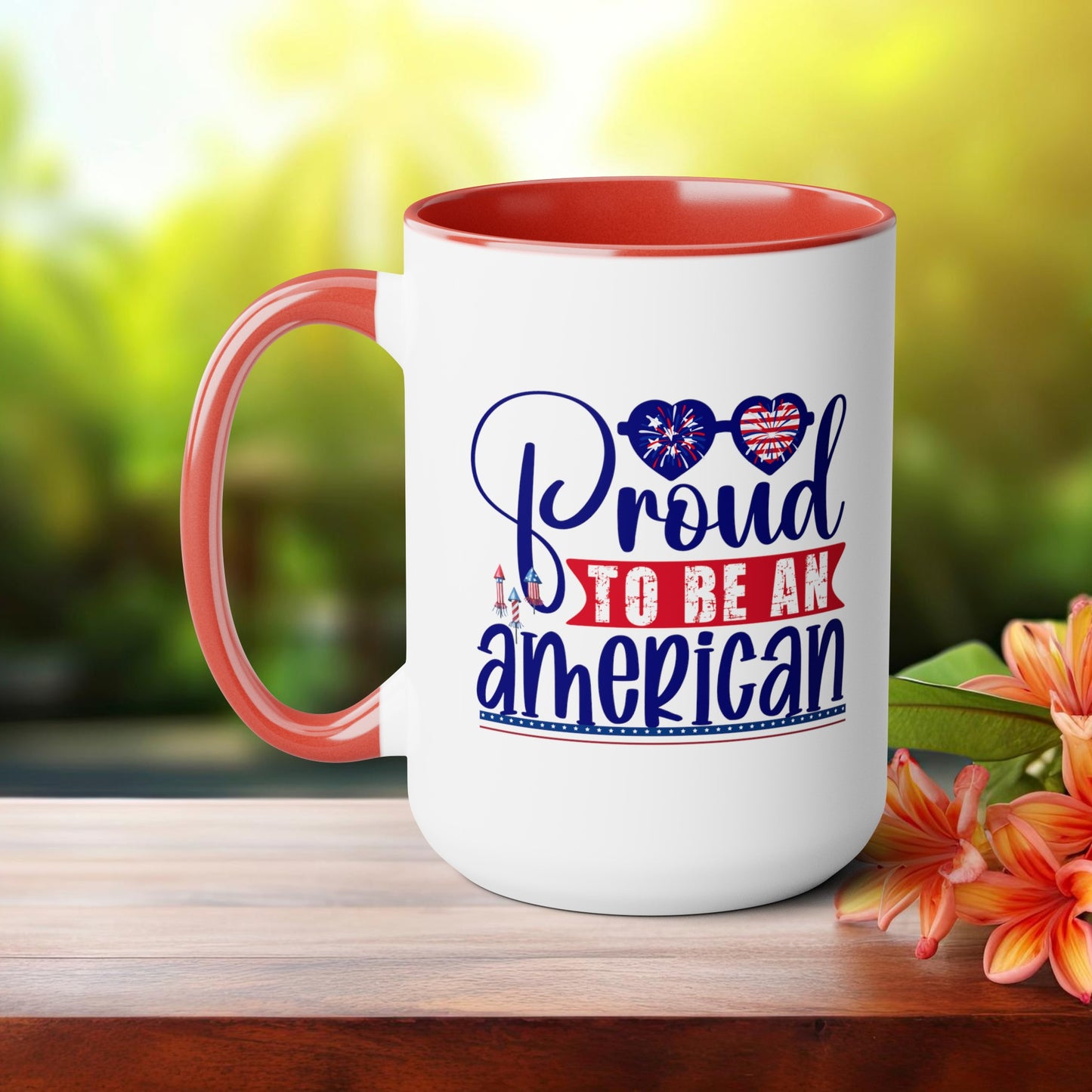 Happy 4th Of July Two -Tone Coffee Mug.15oz. Happy Independence Day Coffee Mug. America, Red White Blue, Flag,Peace Love America. Proud To Be An American