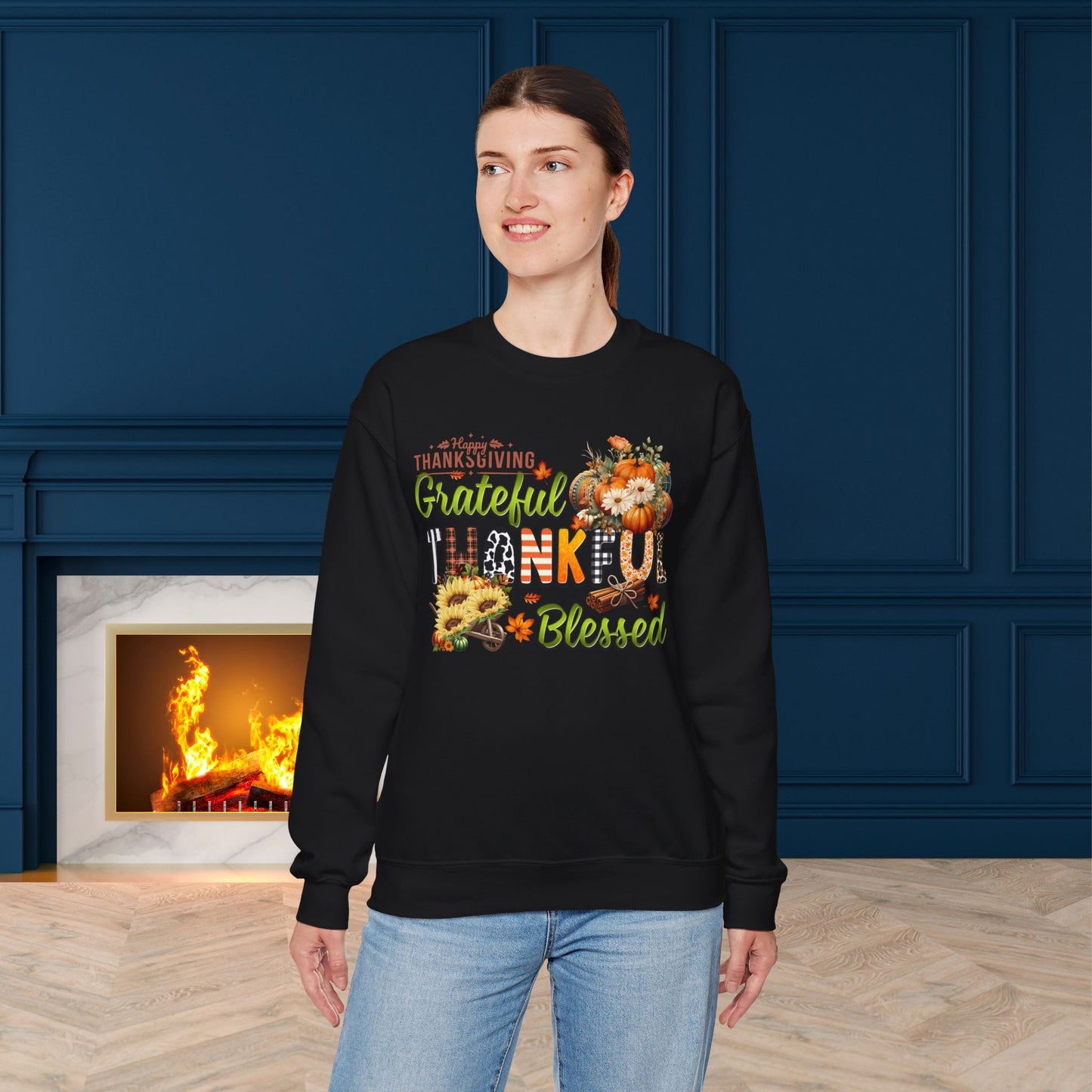 Thankful Grateful Blessed Sweatshirt,  HappyThanksgiving Sweatshirt - Unisex Heavy Blend, Happy Thanksgiving2024 Sweatshirt, Thanksgiving Gift, Festive Sweatshirt.