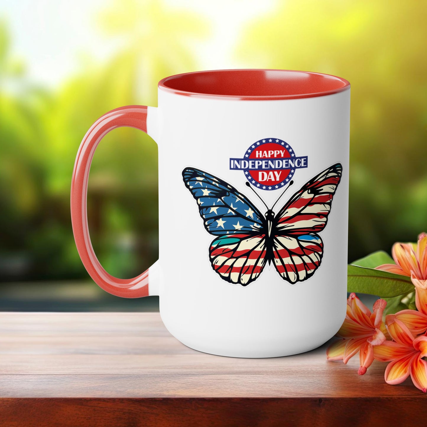 Happy 4th Of July Two -Tone Coffee Mug.15oz. Happy Independence Day Coffee Mug. Butterfly Coffee Mug, America, Red White Blue, Flag.