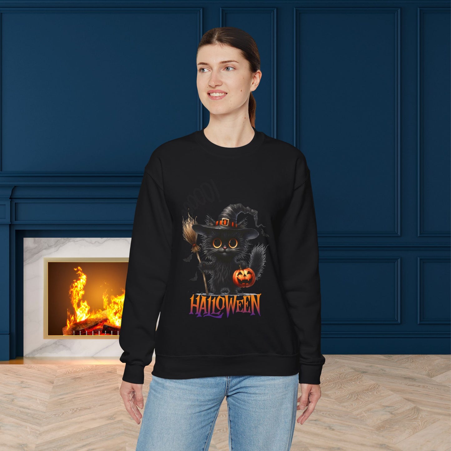 Spooky Cat Halloween Sweatshirt - Unisex Heavy Blend Crewneck, halloween sweatshirt, cute spooky cat sweatshirt.