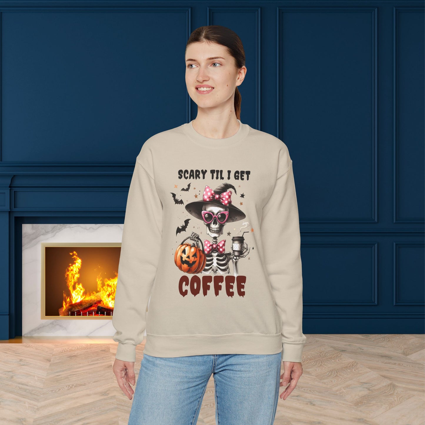 Scary Til I Get Coffee Halloween Sweatshirt, Happy Halloween Sweatshirt - Unisex Heavy Blend Crewneck, Halloween Sweatshirt, Cute Spooky Ghost sweatshirt.