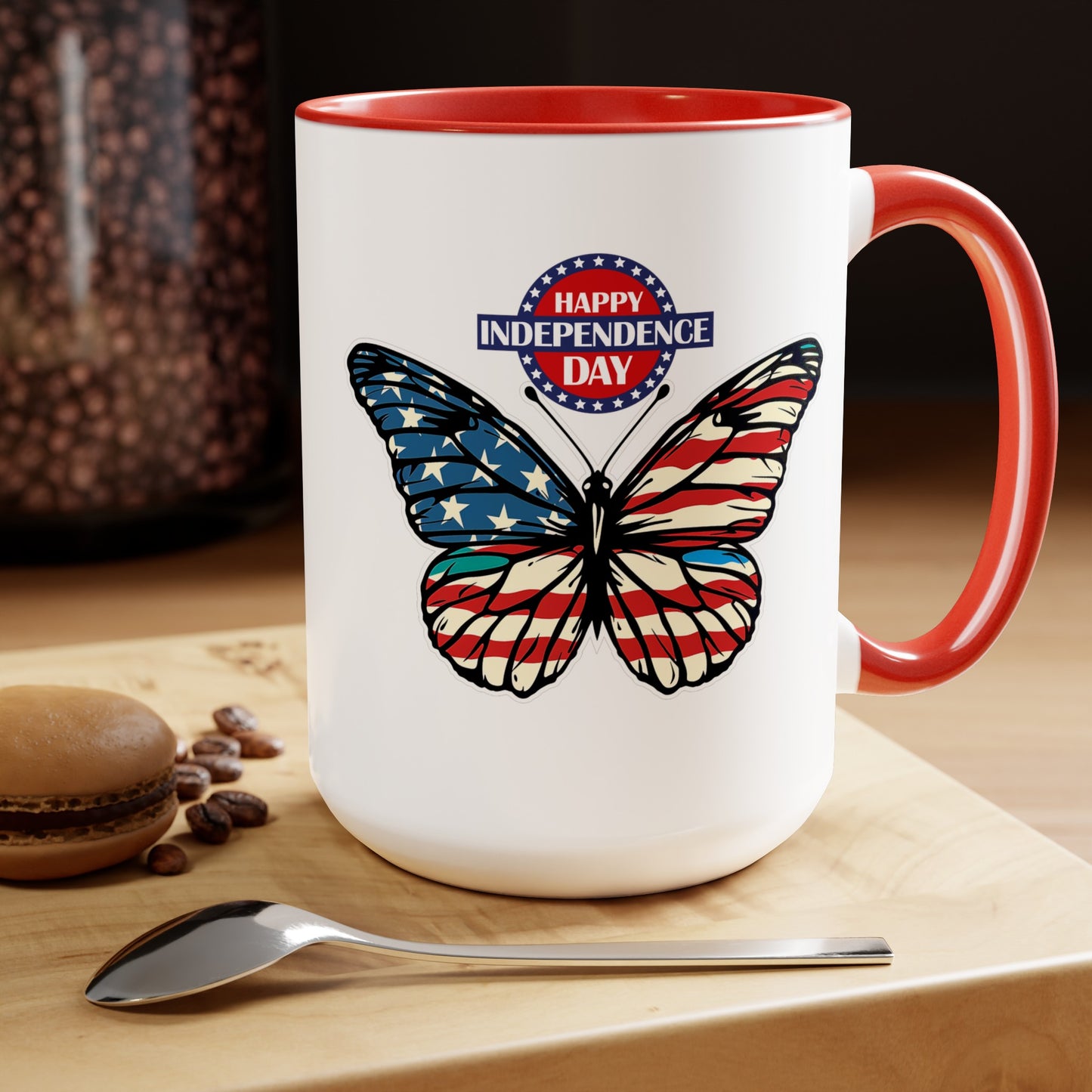 Happy 4th Of July Two -Tone Coffee Mug.15oz. Happy Independence Day Coffee Mug. Butterfly Coffee Mug, America, Red White Blue, Flag.