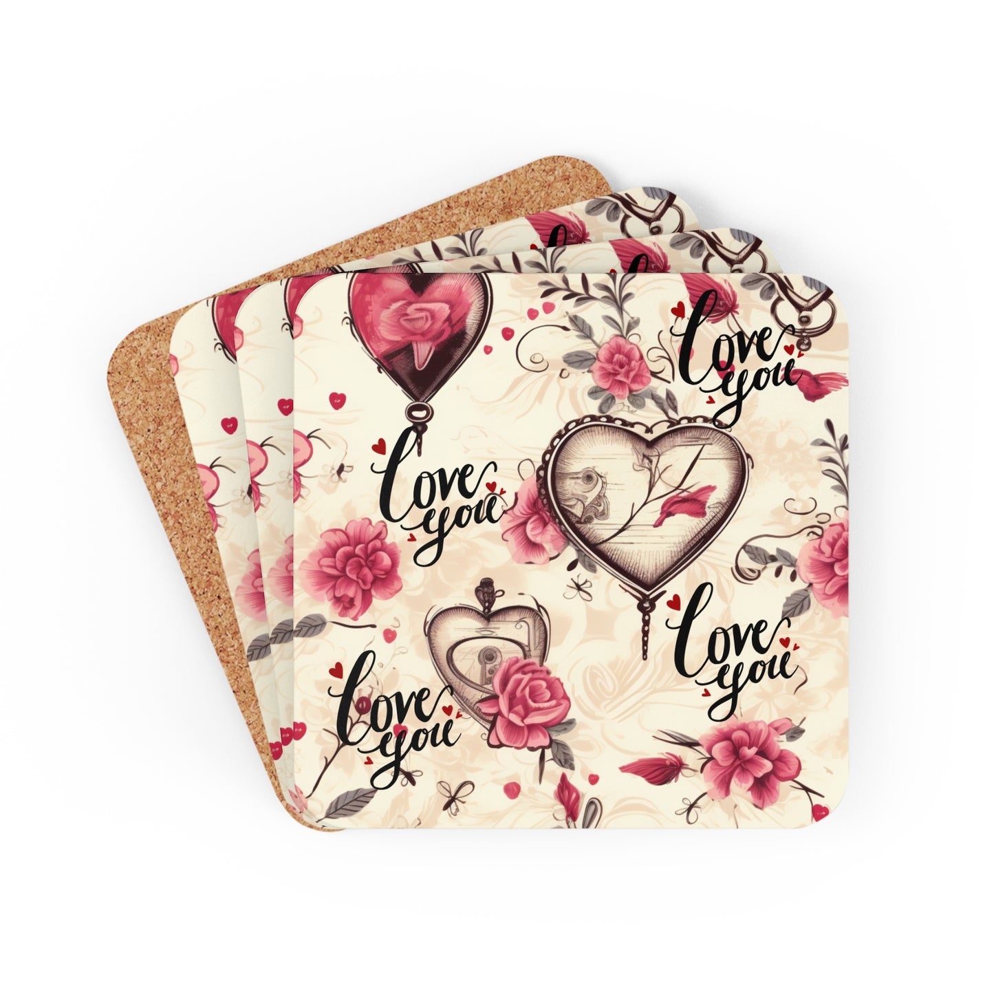 Happy Valentines Day Corkwood Coaster Set