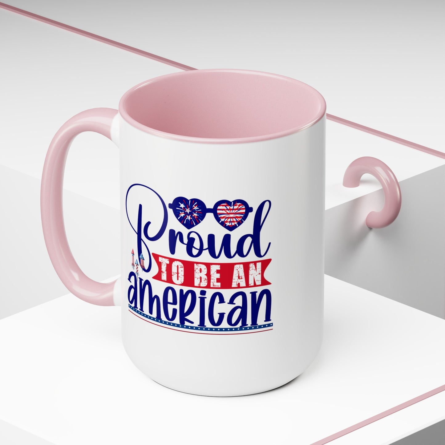 Happy 4th Of July Two -Tone Coffee Mug.15oz. Happy Independence Day Coffee Mug. America, Red White Blue, Flag,Peace Love America. Proud To Be An American