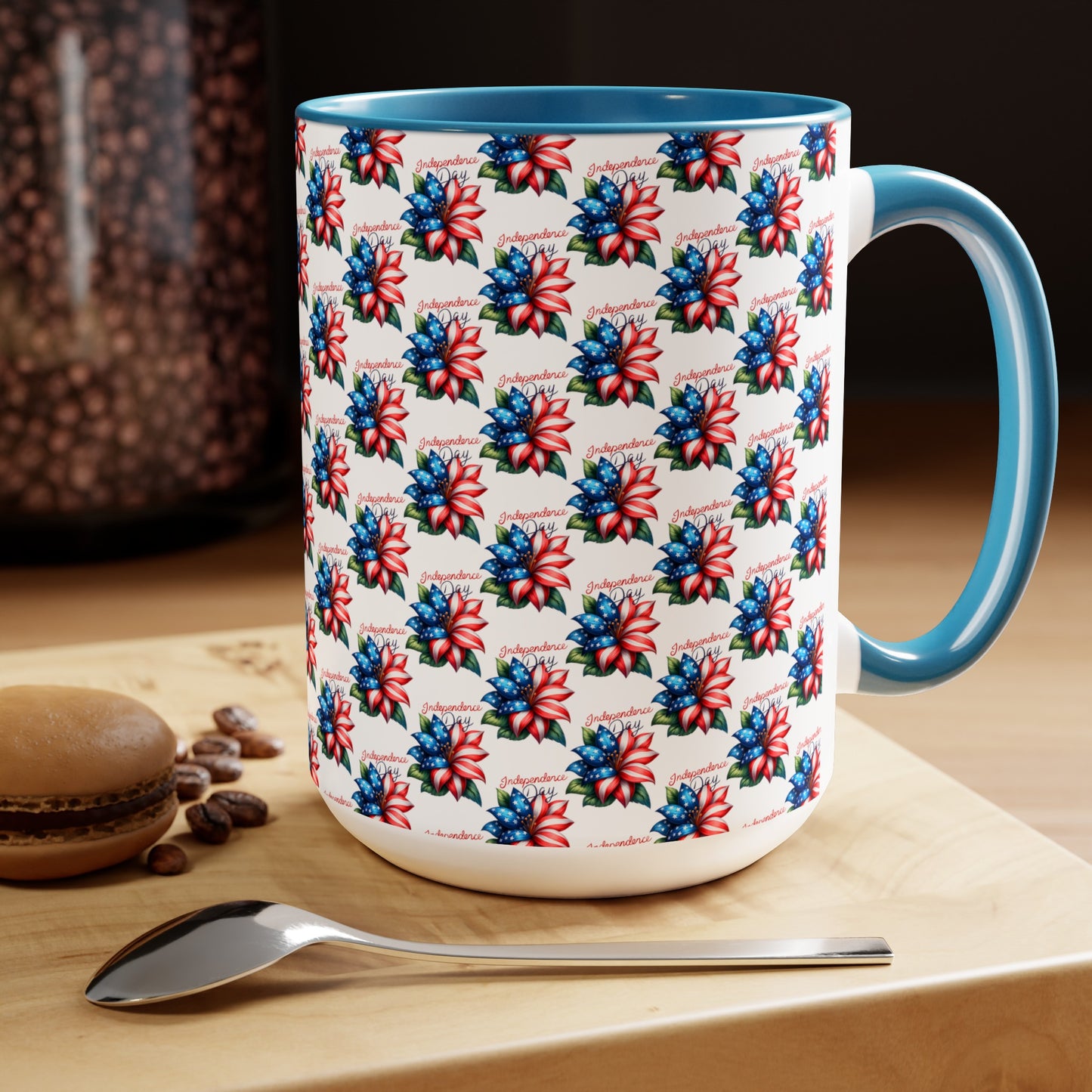 Happy 4th Of July Two -Tone Coffee Mug.15oz. Independence Day Coffee Mug. Love Peace USA.