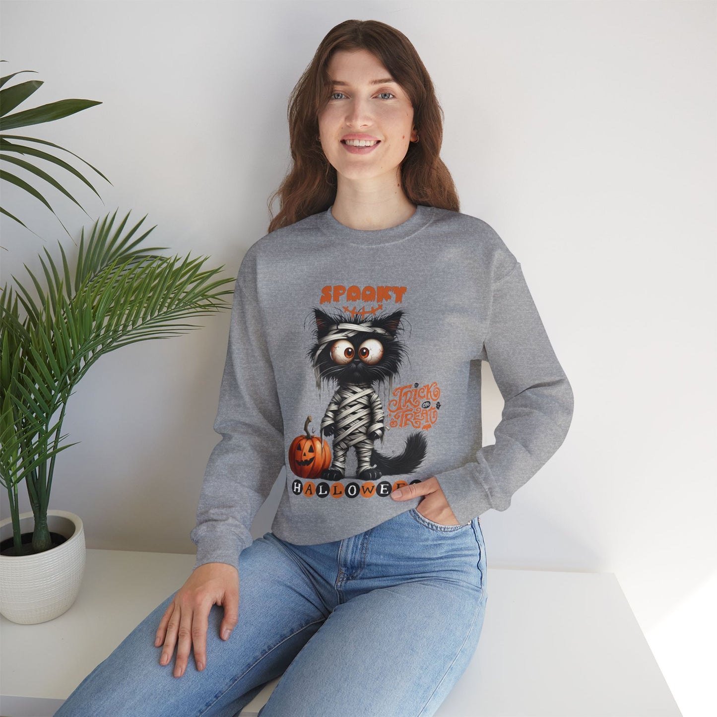 Spooky Halloween Cat Sweatshirt, Happy Halloween Sweatshirt - Unisex Heavy Blend Crewneck, Halloween Sweatshirt, Cute Spooky Ghost sweatshirt.